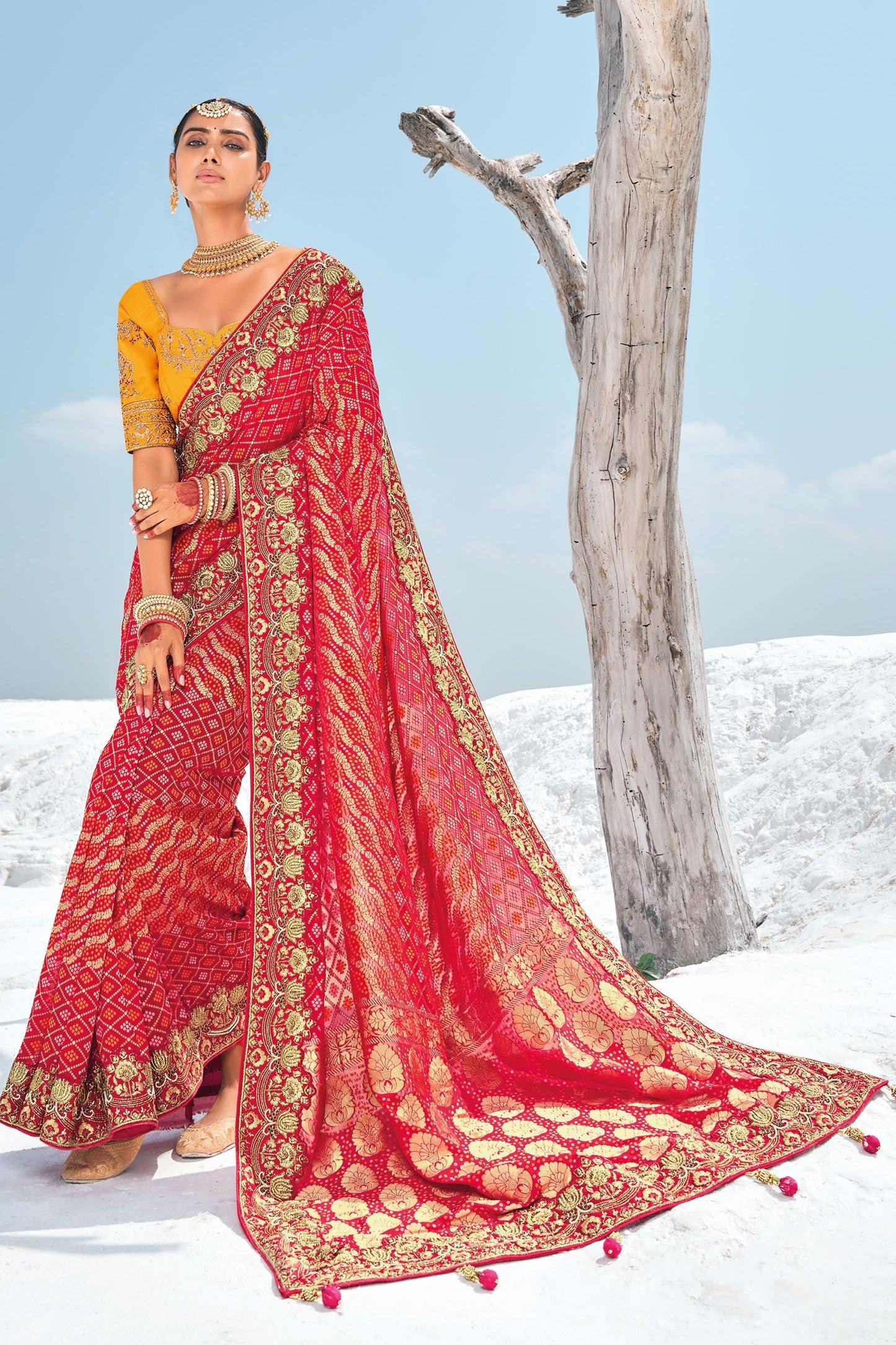 Red Pure Georgette Patola Bandhani Fusion Saree-ZB133234_2_SareeButa.com