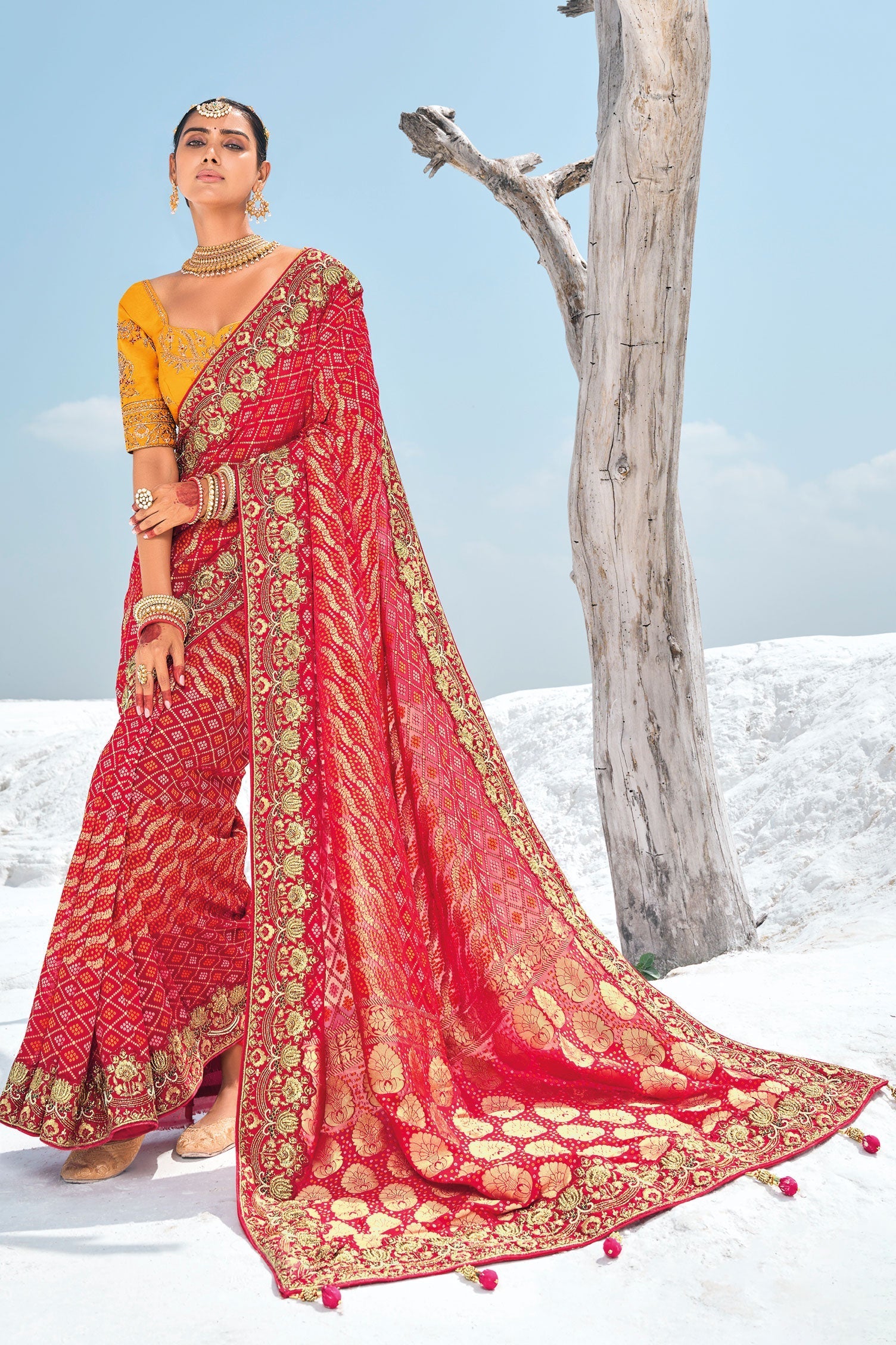 Red Pure Georgette Patola Bandhani Fusion Saree-ZB133234_2_SareeButa.com