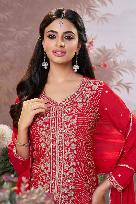 Red Readymade Chinon Sharara Suit-SS952_2_SareeButa.com