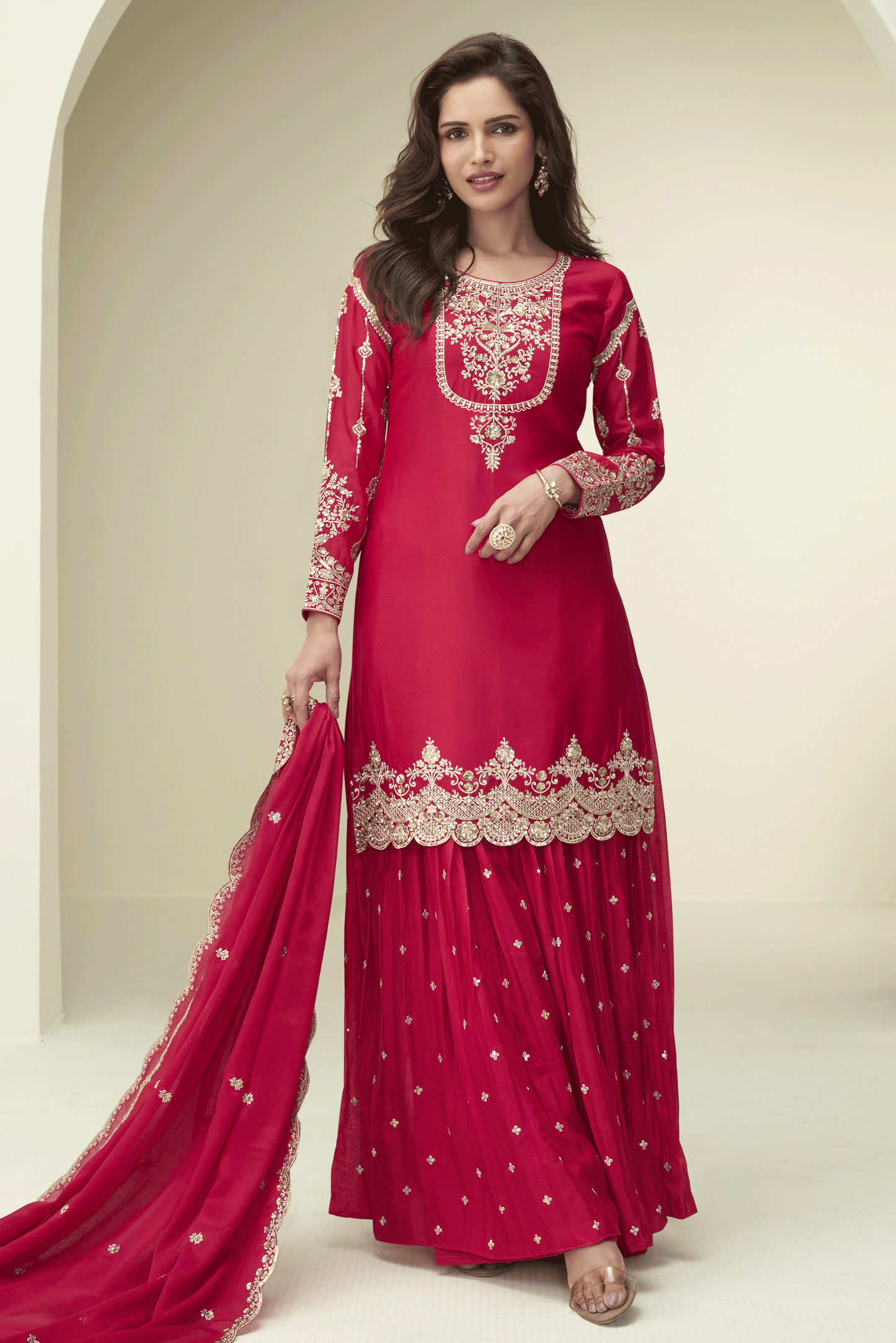 Red Readymade Embroidered Chinon Silk Suit-SS867_1_SareeButa.com