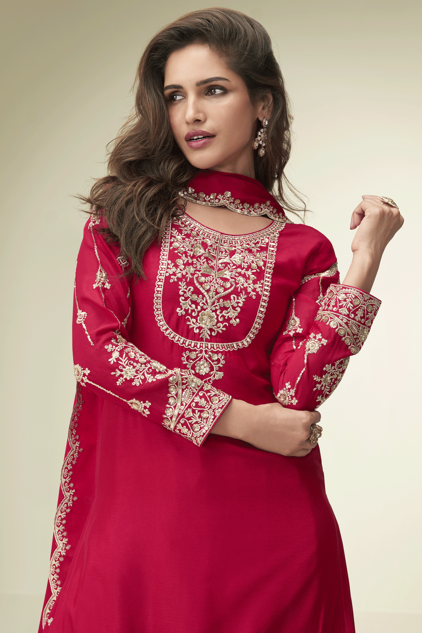 Red Readymade Embroidered Chinon Silk Suit-SS867_2_SareeButa.com