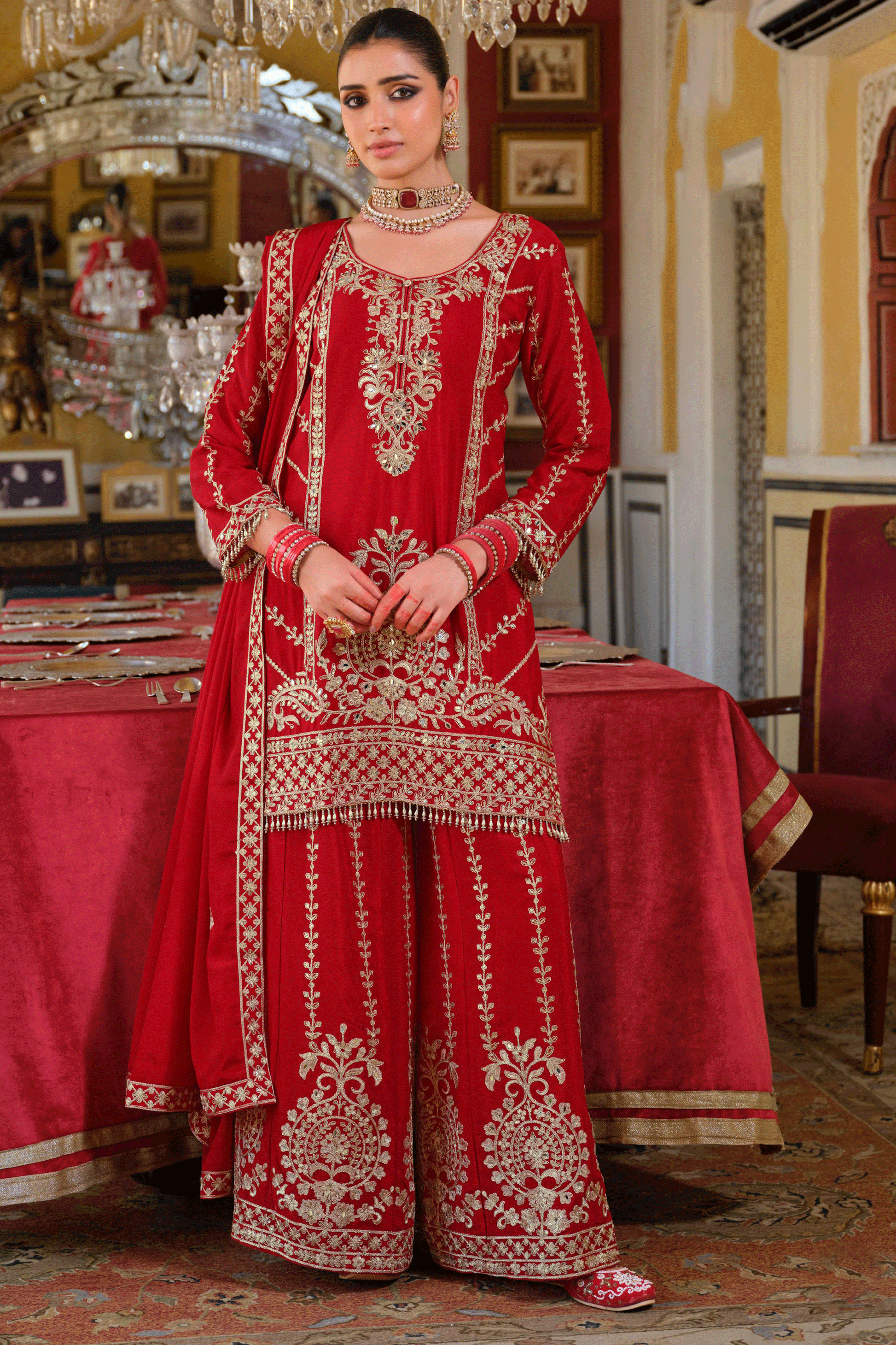 Red Readymade Heavy Work Chinon Palazzo Suit-SS651_1_SareeButa.com