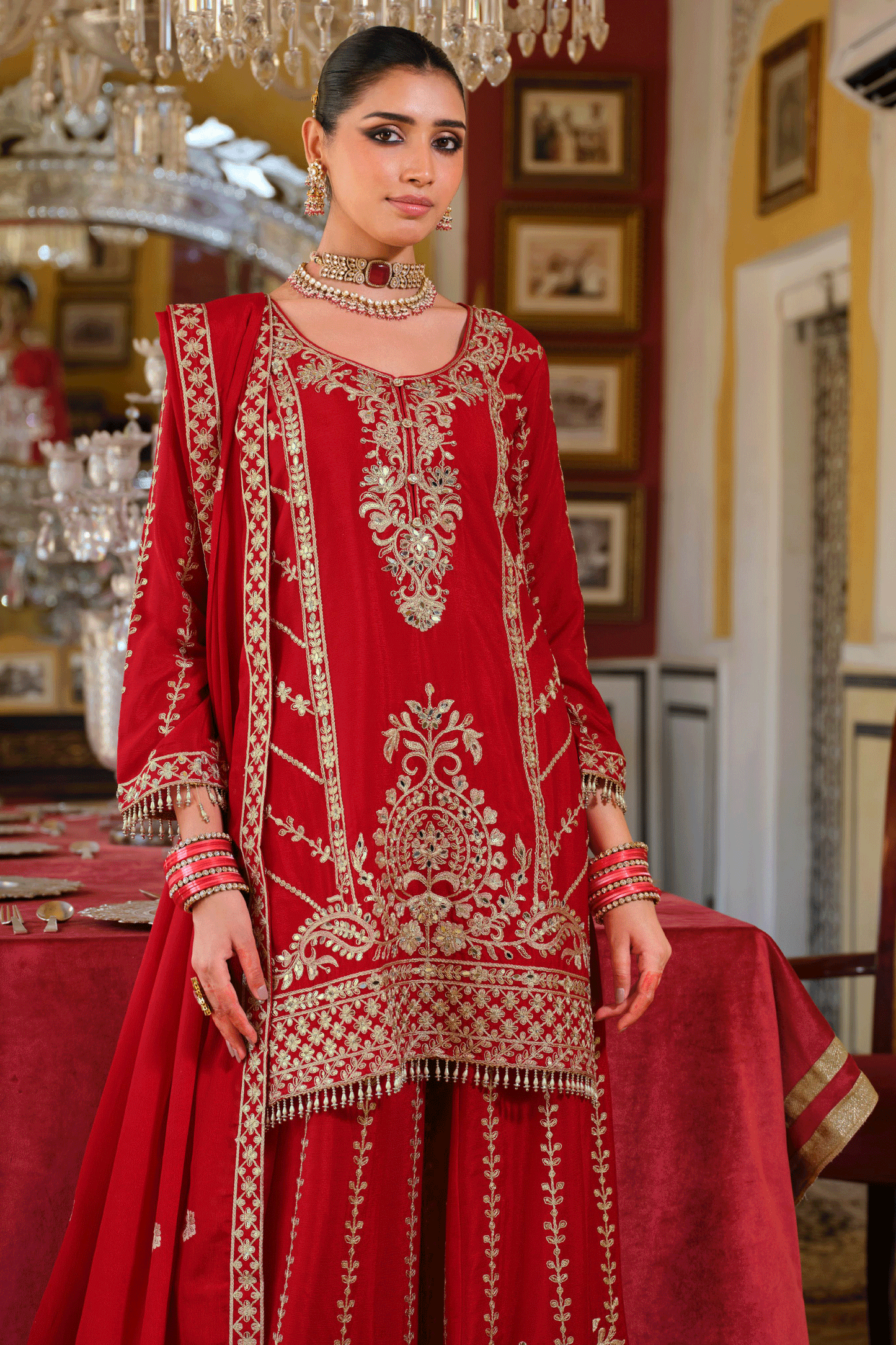 Red Readymade Heavy Work Chinon Palazzo Suit-SS651_2_SareeButa.com