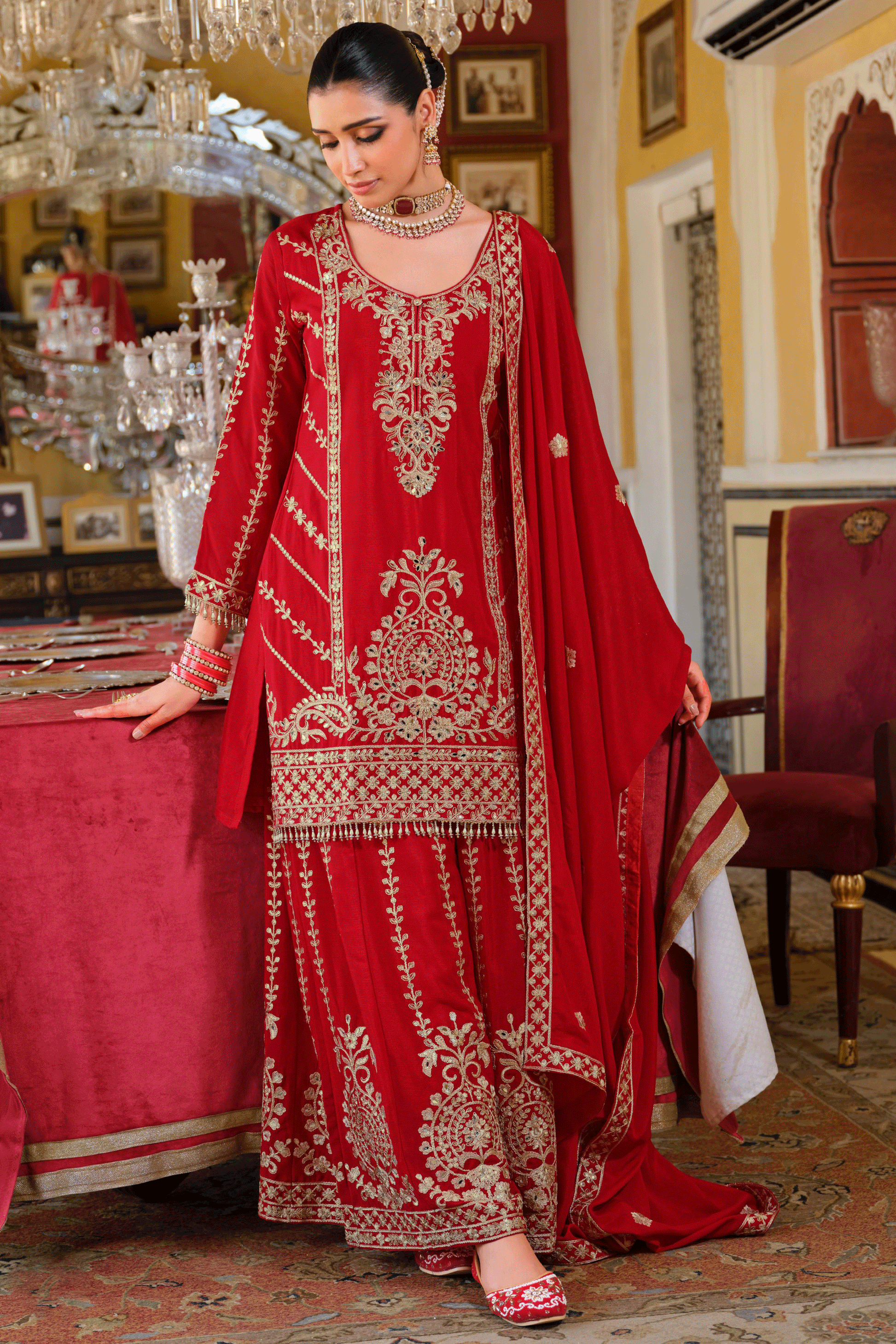 Red Readymade Heavy Work Chinon Palazzo Suit-SS651_3_SareeButa.com