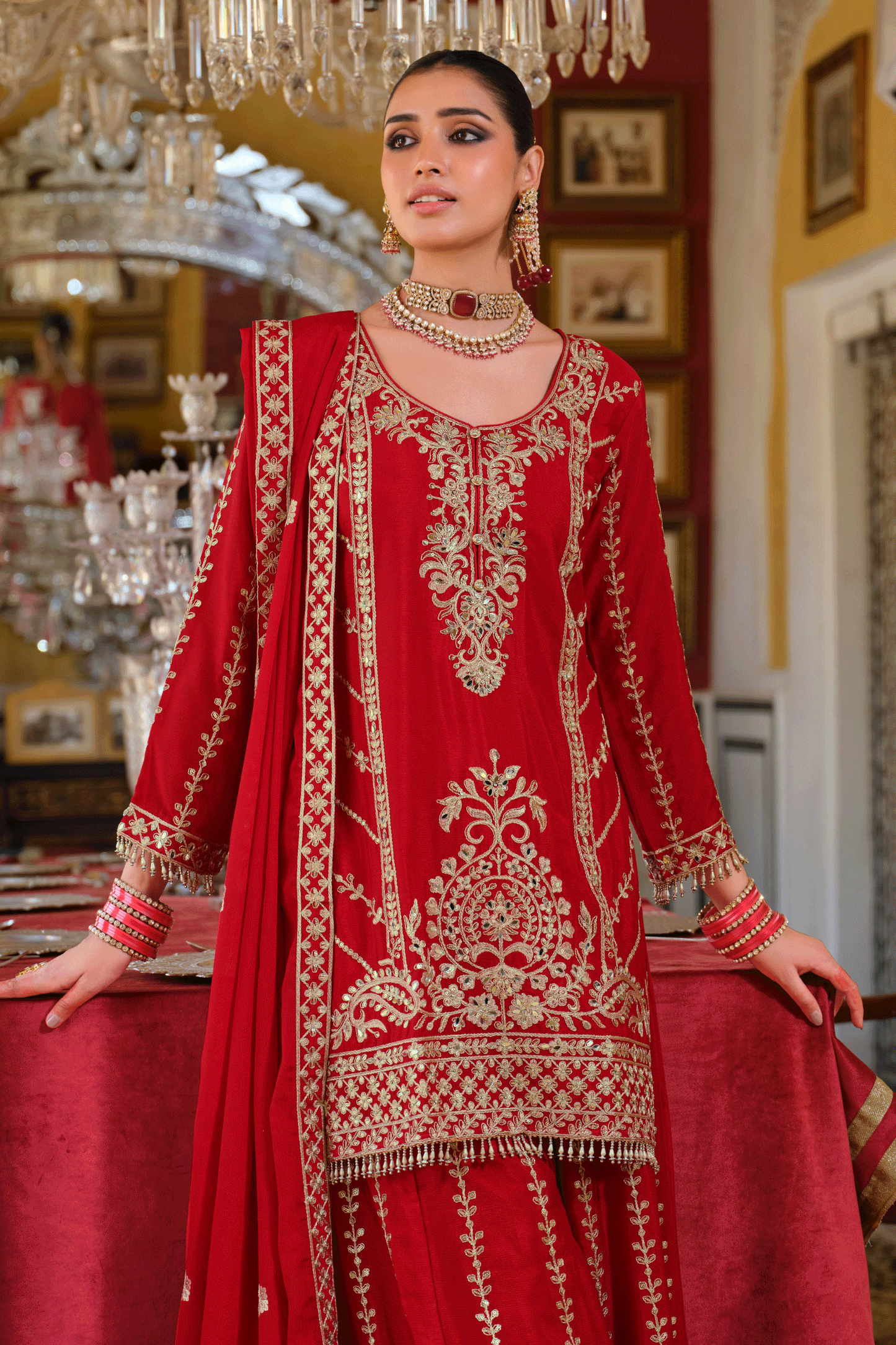 Red Readymade Heavy Work Chinon Palazzo Suit-SS651_4_SareeButa.com