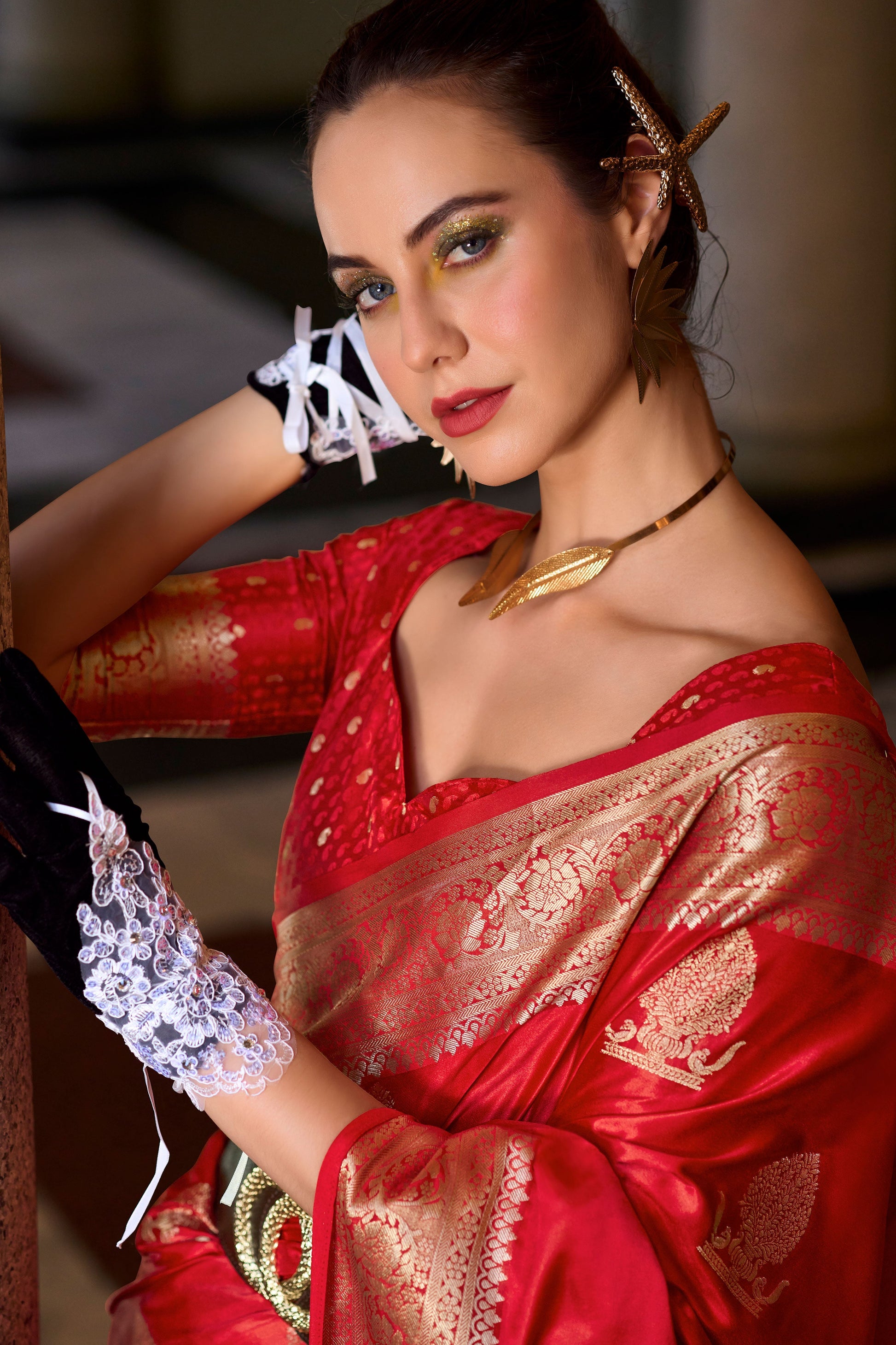 Red Woven Satin Crepe Saree-ZB133066_2_SareeButa.com