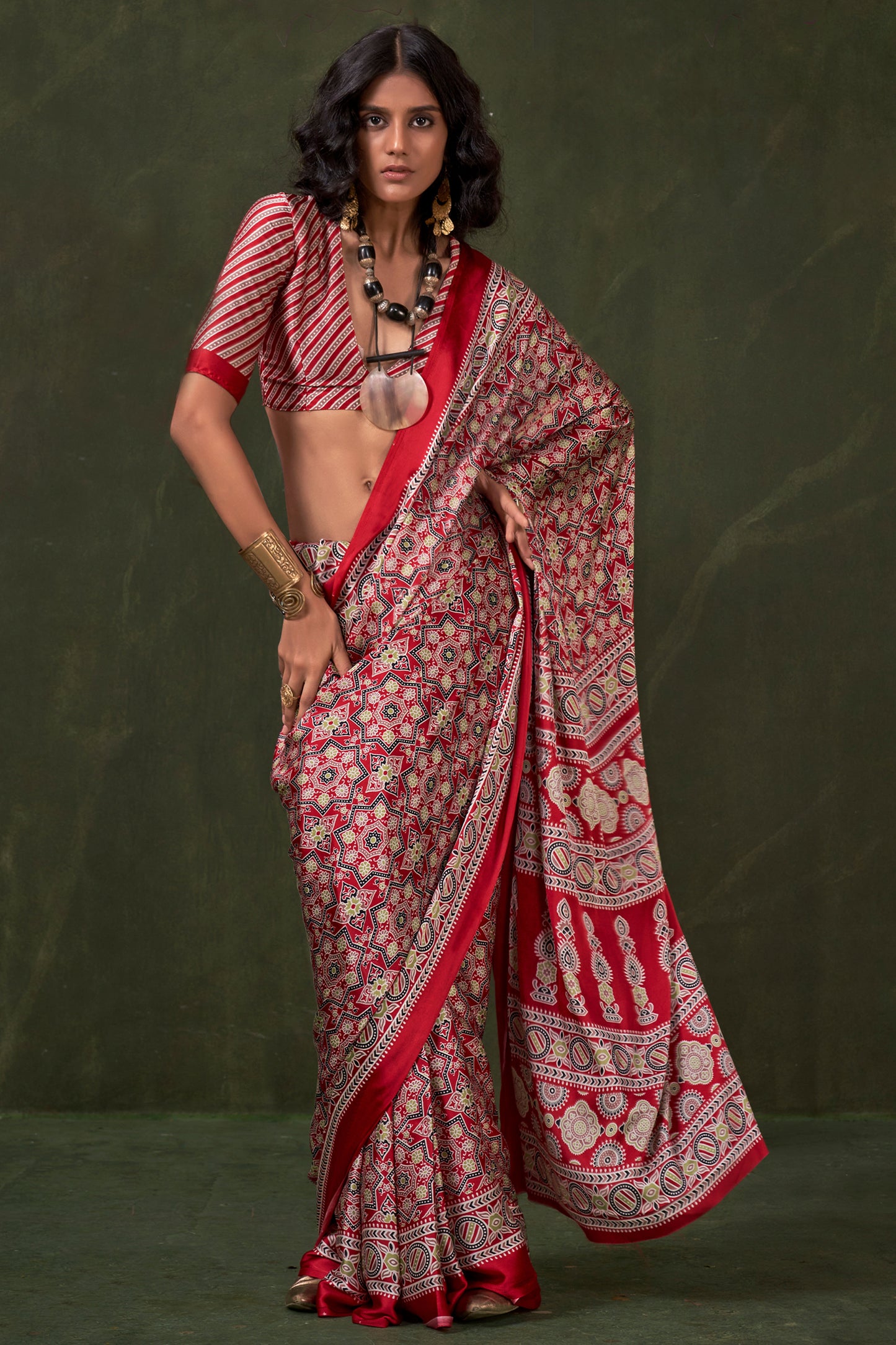 Red Ajarakh Print Satin Crepe Saree-SAR12413_1_SareeButa.com