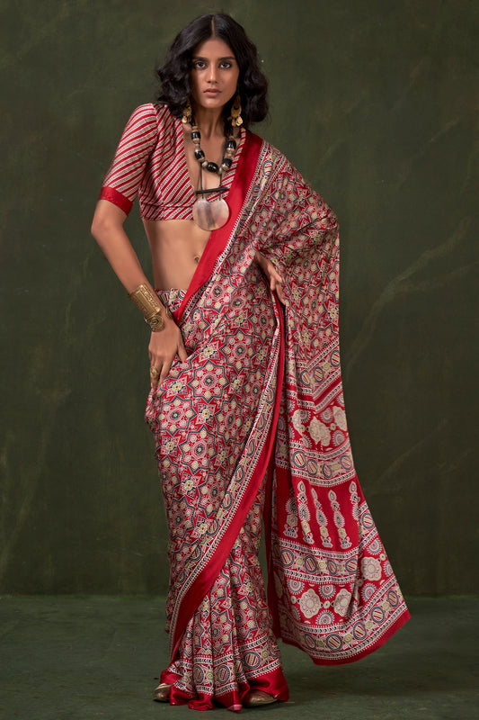 Red Ajarakh Print Satin Crepe Saree-SAR12413_1_SareeButa.com