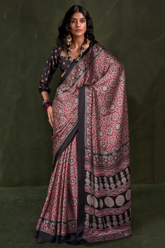 Red Ajarakh Print Satin Crepe Saree-SAR12415_1_SareeButa.com