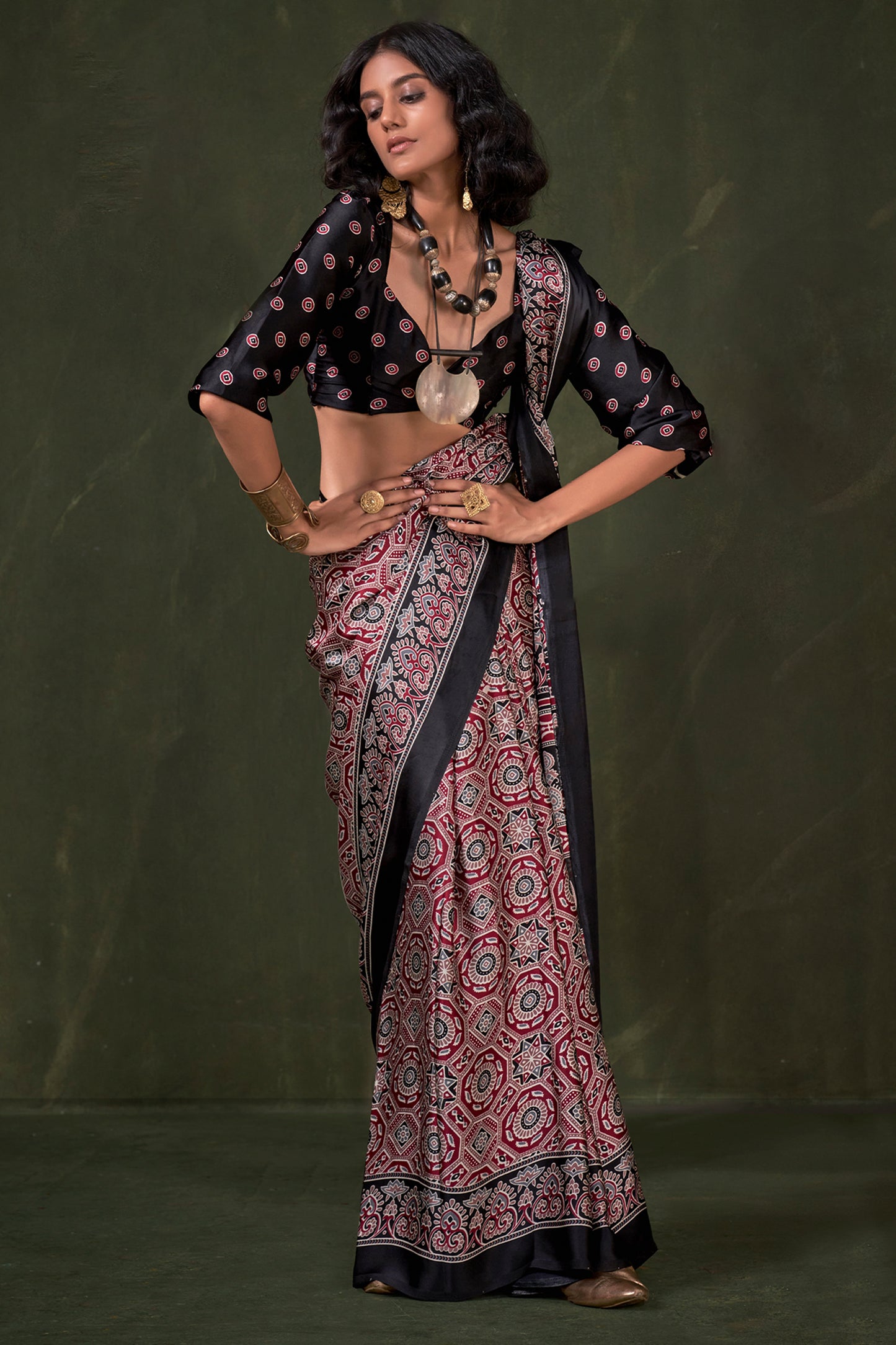 Red Ajarakh Print Satin Crepe Saree-SAR12415_2_SareeButa.com