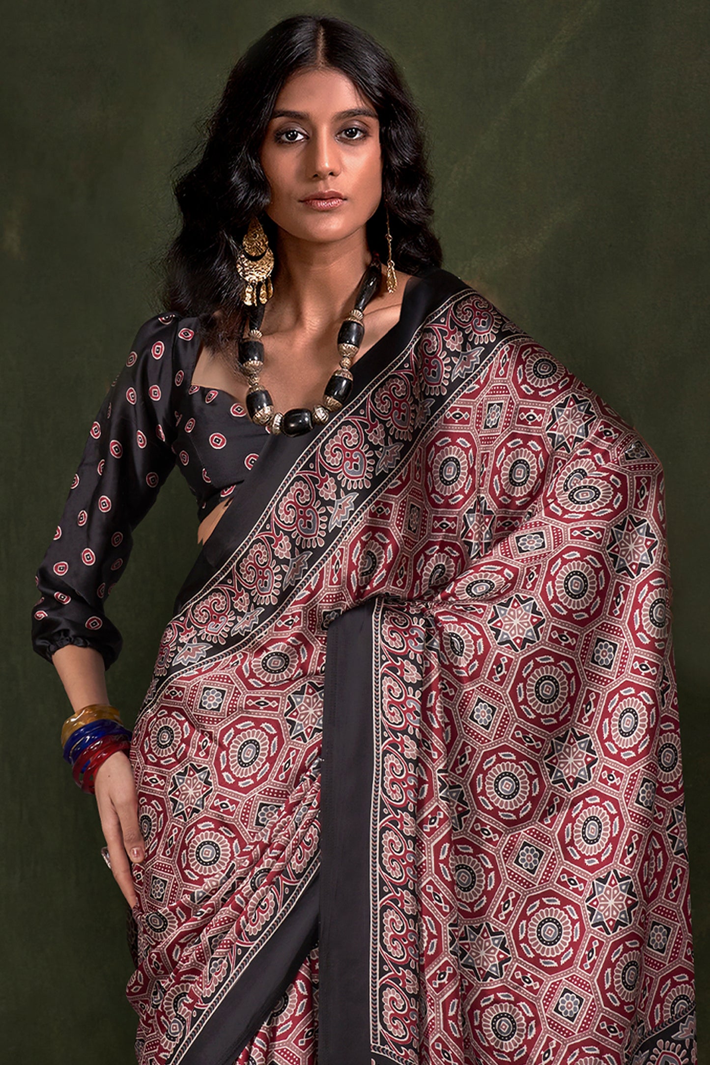 Red Ajarakh Print Satin Crepe Saree-SAR12415_3_SareeButa.com