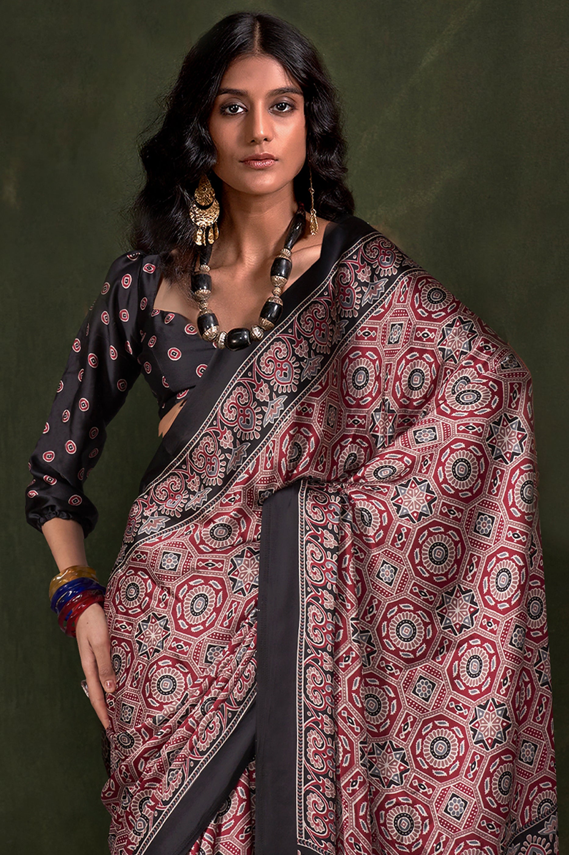 Red Ajarakh Print Satin Crepe Saree-SAR12415_3_SareeButa.com