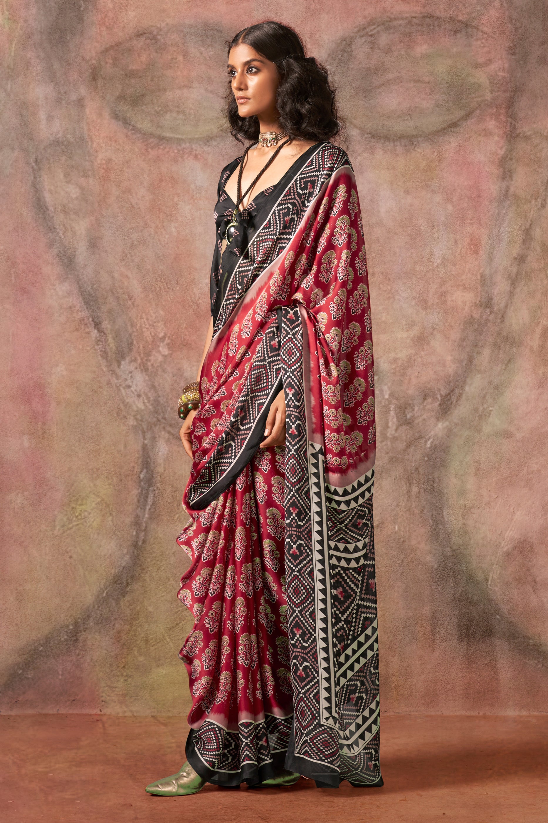 Red Ajarakh Print Satin Georgette Saree-SAR12428_1_SareeButa.com