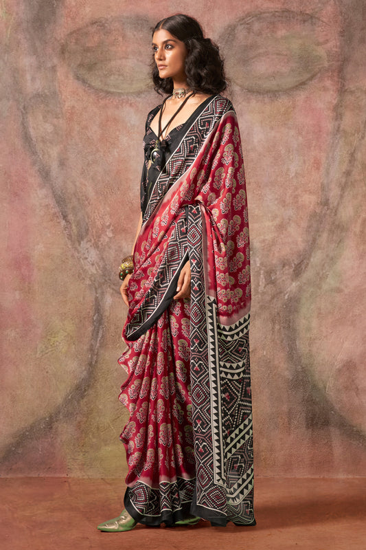 Red Ajarakh Print Satin Georgette Saree-SAR12428_1_SareeButa.com