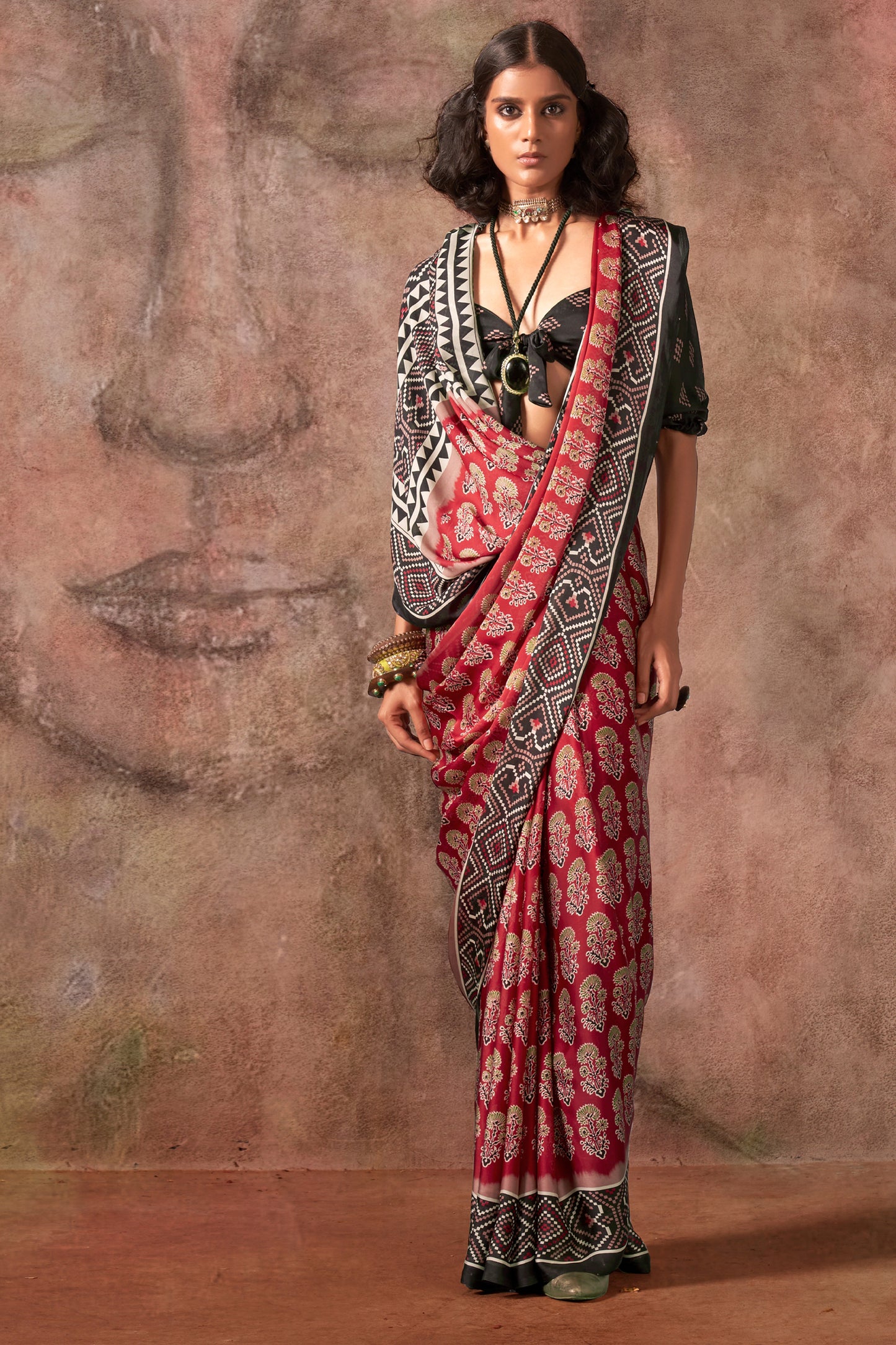 Red Ajarakh Print Satin Georgette Saree-SAR12428_2_SareeButa.com
