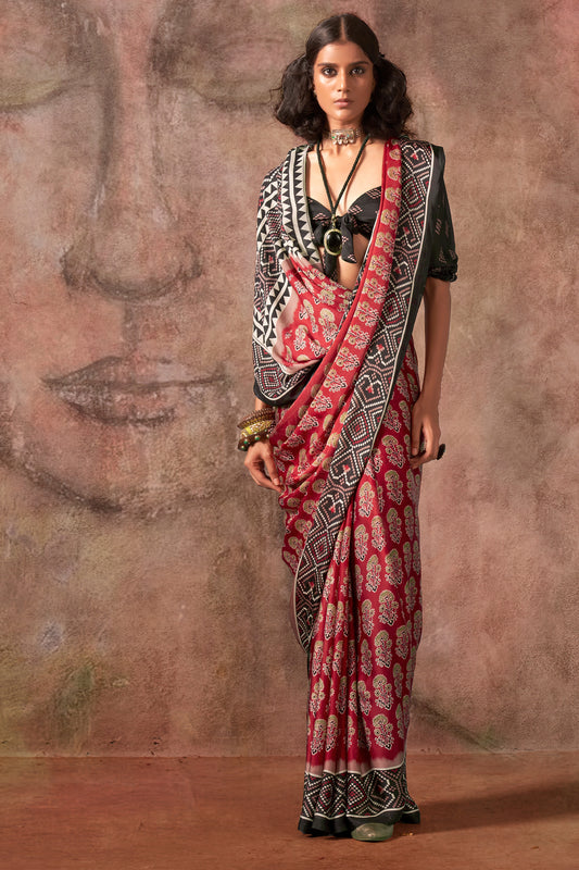 Red Ajarakh Print Satin Georgette Saree-SAR12428_2_SareeButa.com
