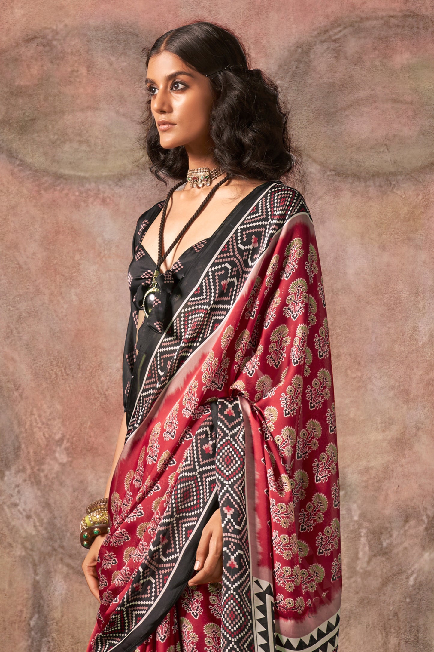 Red Ajarakh Print Satin Georgette Saree-SAR12428_3_SareeButa.com
