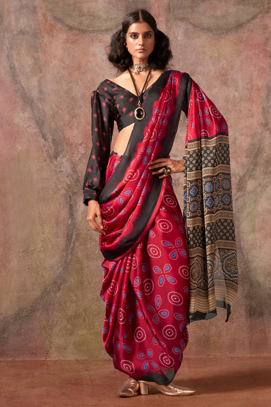 Red Ajarakh Print Satin Georgette Saree-SAR12431_1_SareeButa.com