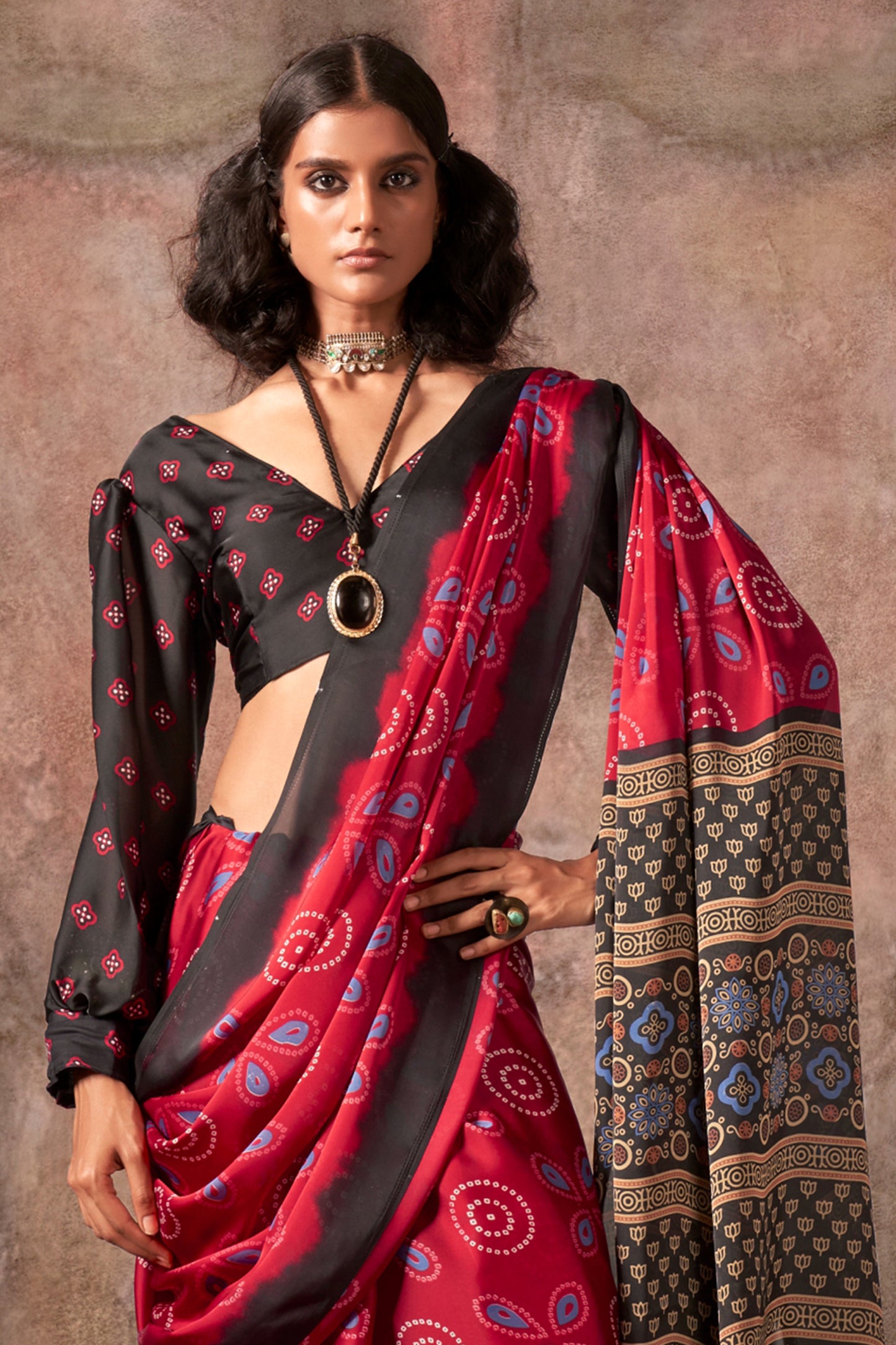Red Ajarakh Print Satin Georgette Saree-SAR12431_3_SareeButa.com