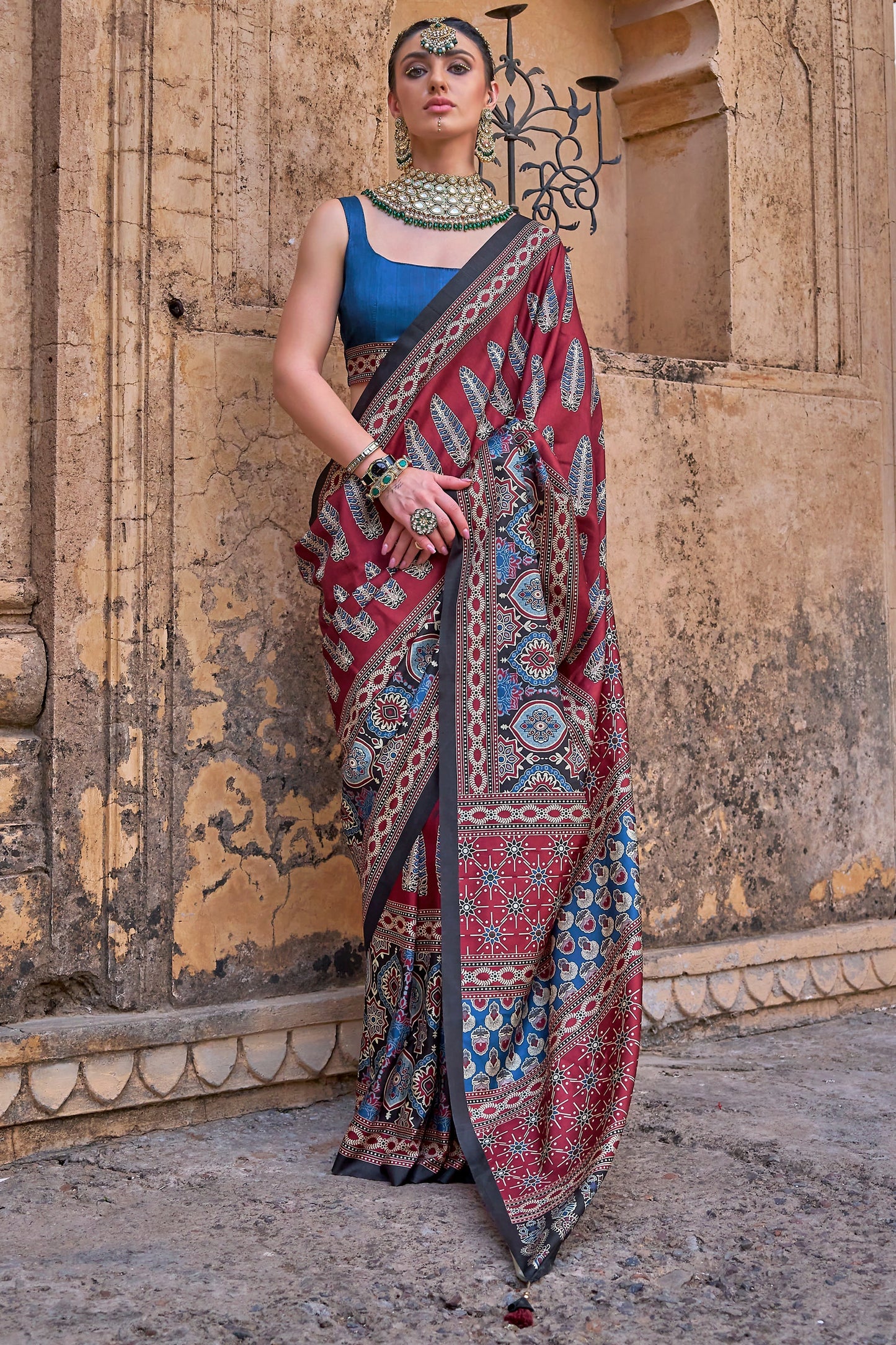 Red Ajarakh Printed Viscose SIlk Saree-SAR10146_1_SareeButa.com