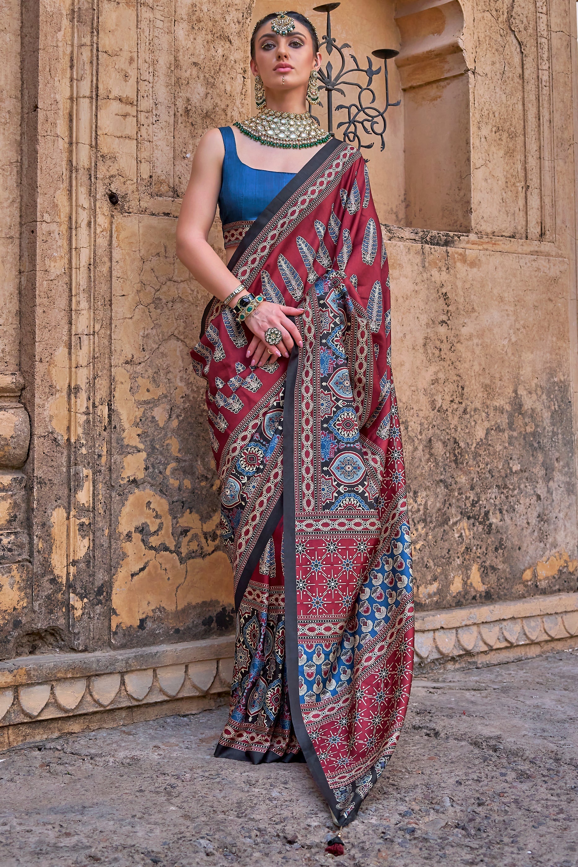 Red Ajarakh Printed Viscose SIlk Saree-SAR10146_1_SareeButa.com