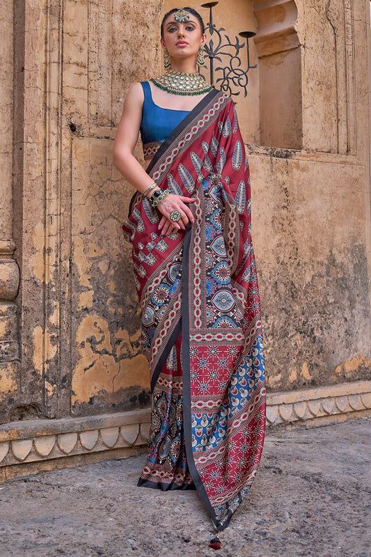 Red Ajarakh Printed Viscose SIlk Saree-SAR10146_1_SareeButa.com