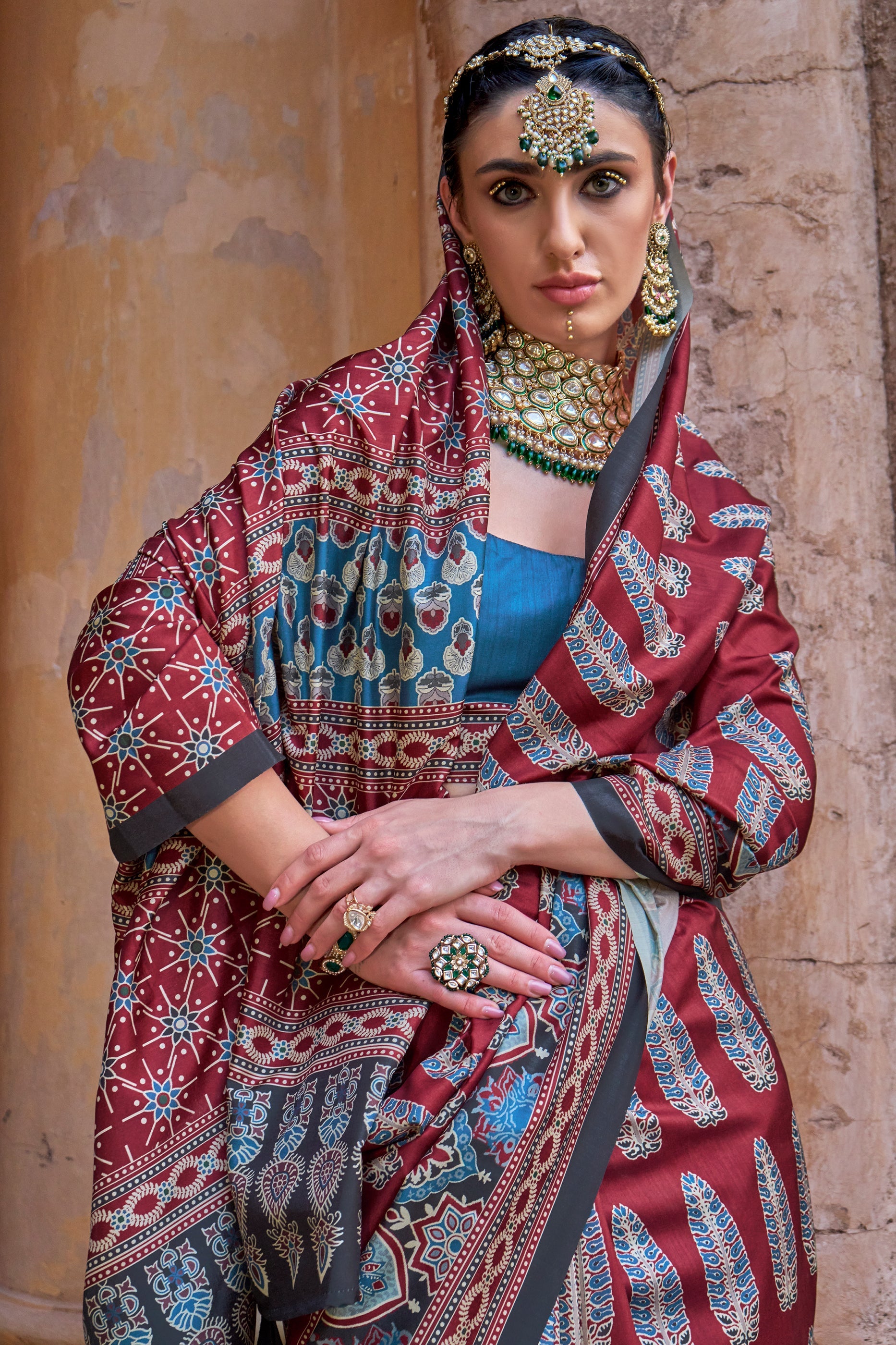 Red Ajarakh Printed Viscose SIlk Saree-SAR10146_2_SareeButa.com