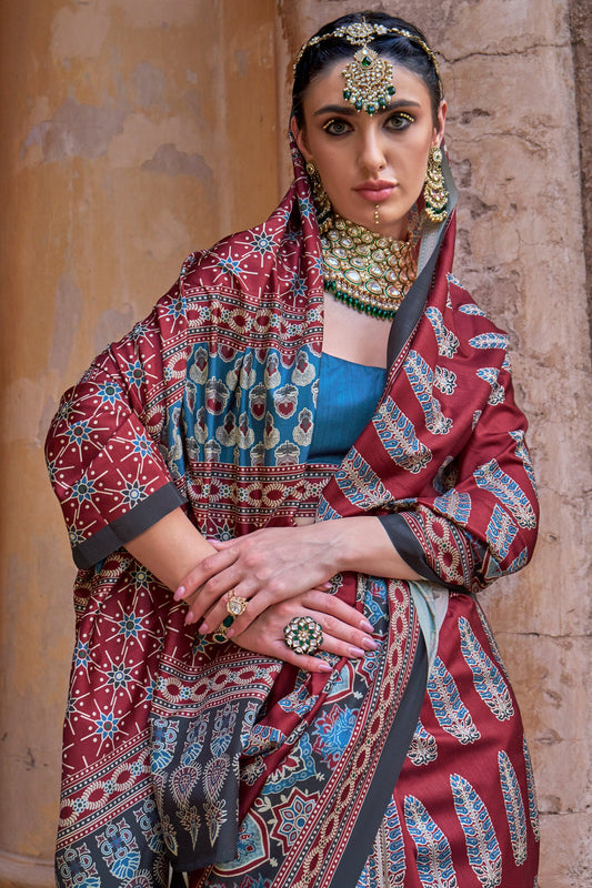 Red Ajarakh Printed Viscose SIlk Saree-SAR10146_2_SareeButa.com