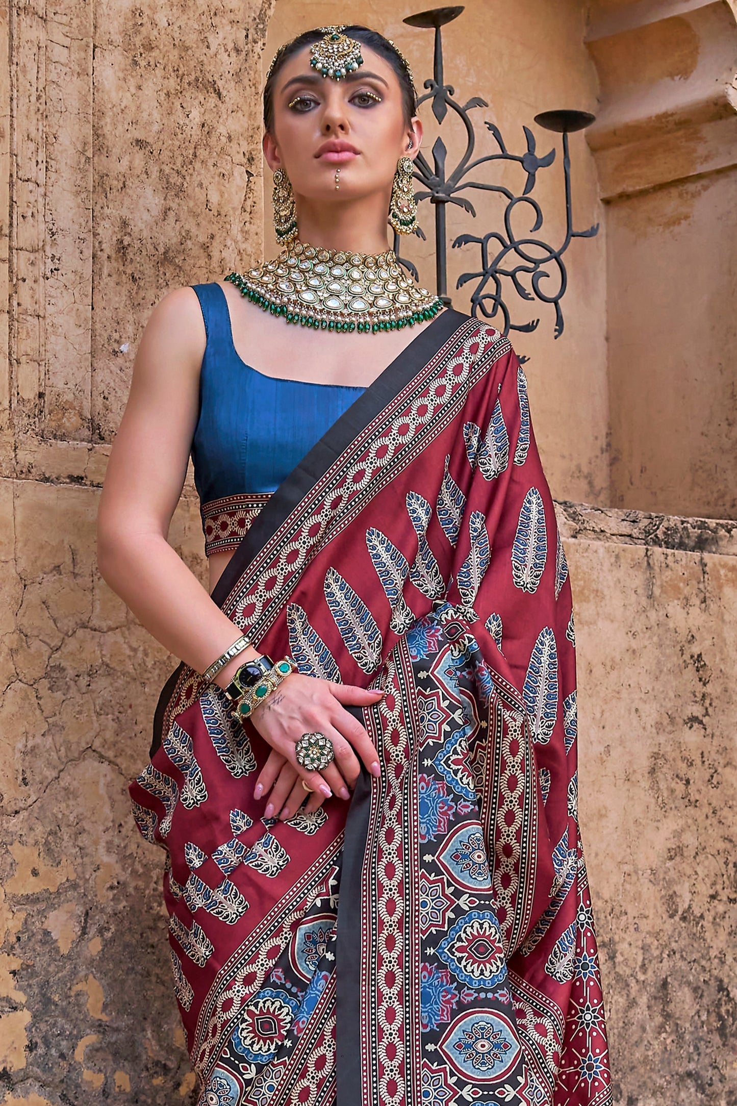 Red Ajarakh Printed Viscose SIlk Saree-SAR10146_3_SareeButa.com