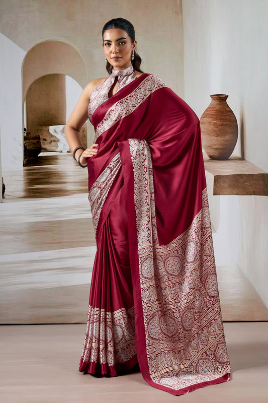 Red Ajrakh Print Satin Saree-SAR11480_1_SareeButa.com