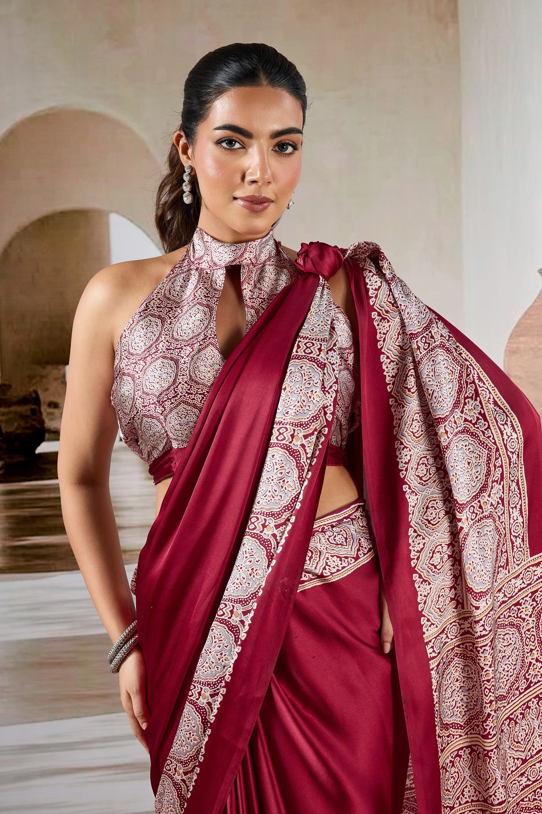 Red Ajrakh Print Satin Saree-SAR11480_2_SareeButa.com