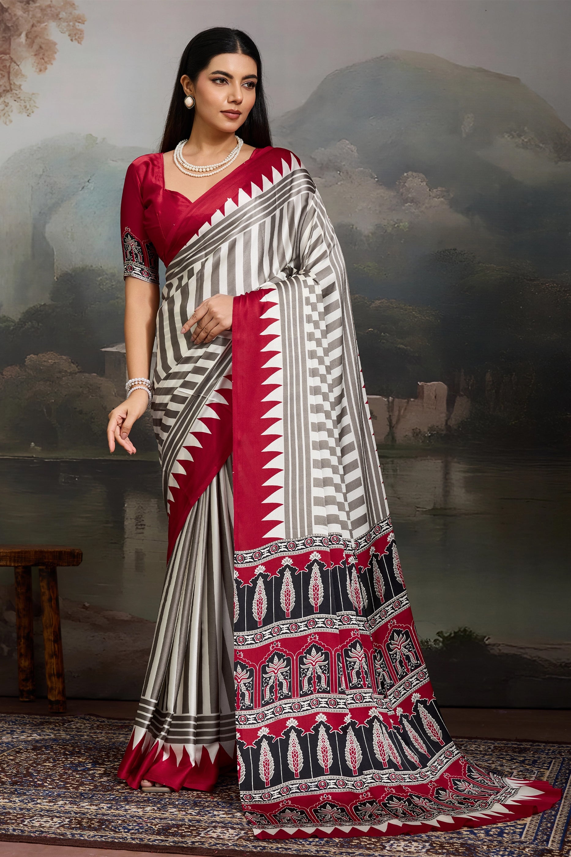 Red Ajrakh Print Satin Saree-SAR11871_1_SareeButa.com