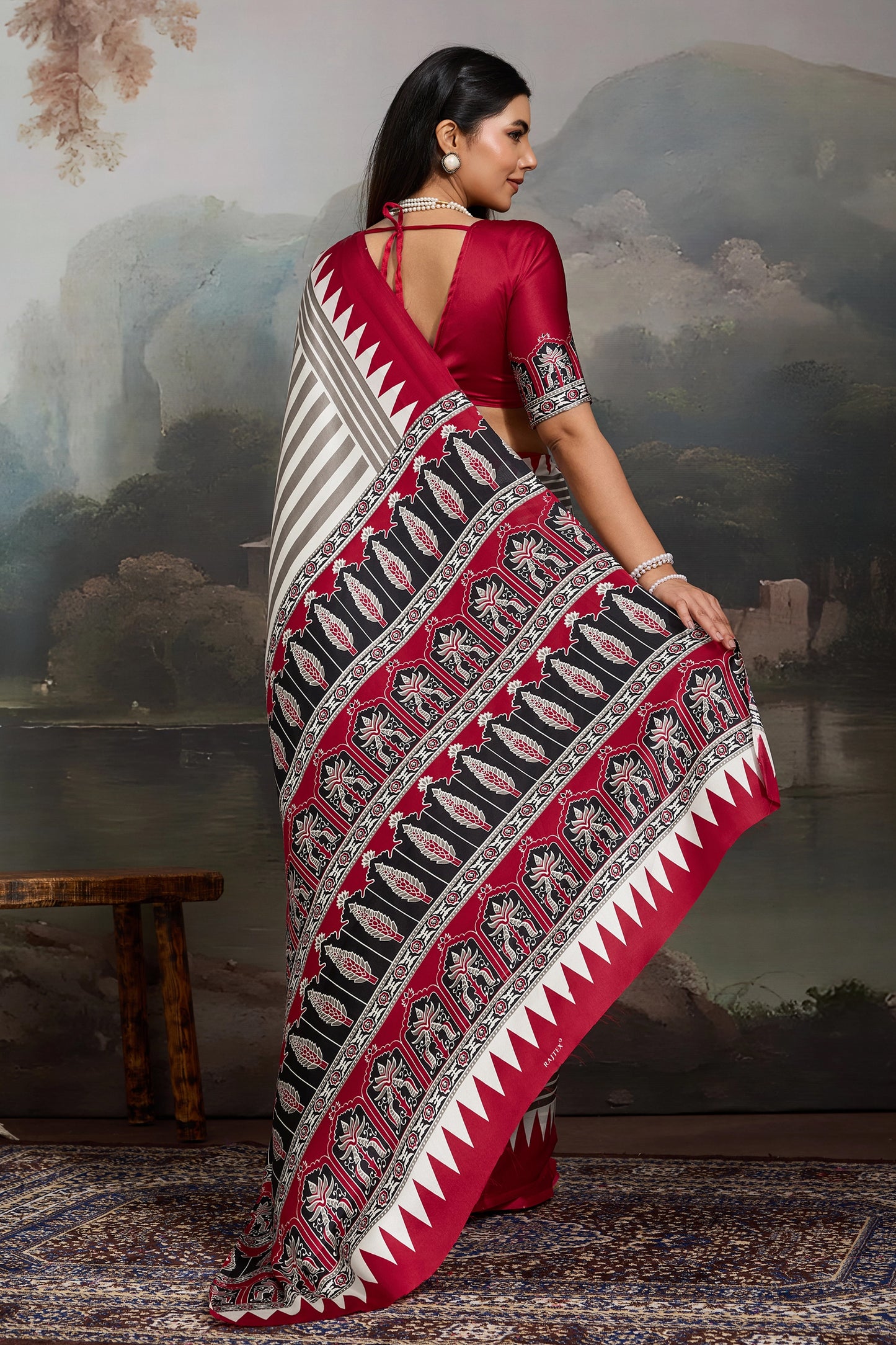 Red Ajrakh Print Satin Saree-SAR11871_3_SareeButa.com