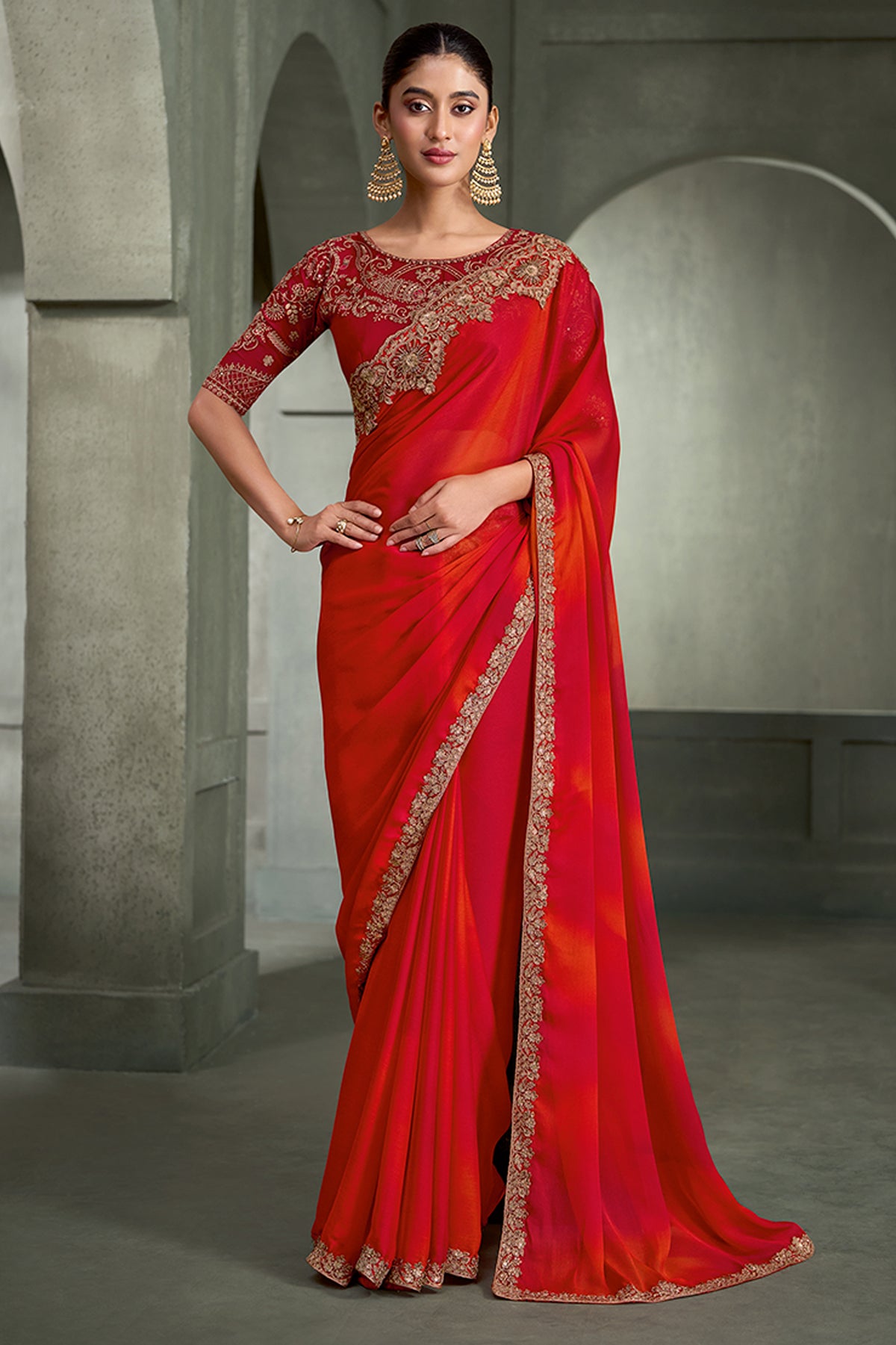 Red And Orange Embroidered Chiffon Saree-SAR13279_1_SareeButa.com