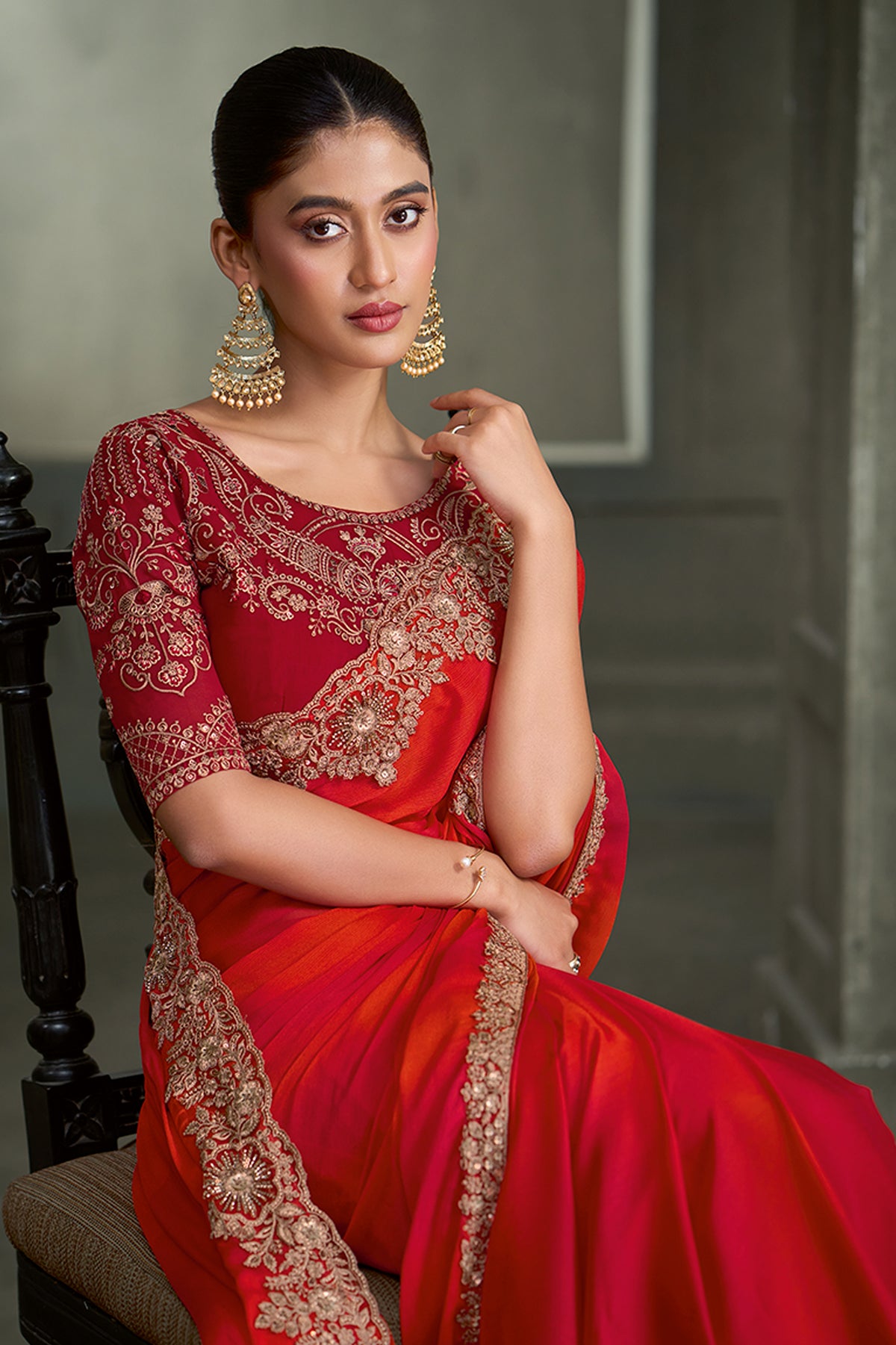 Red And Orange Embroidered Chiffon Saree-SAR13279_2_SareeButa.com