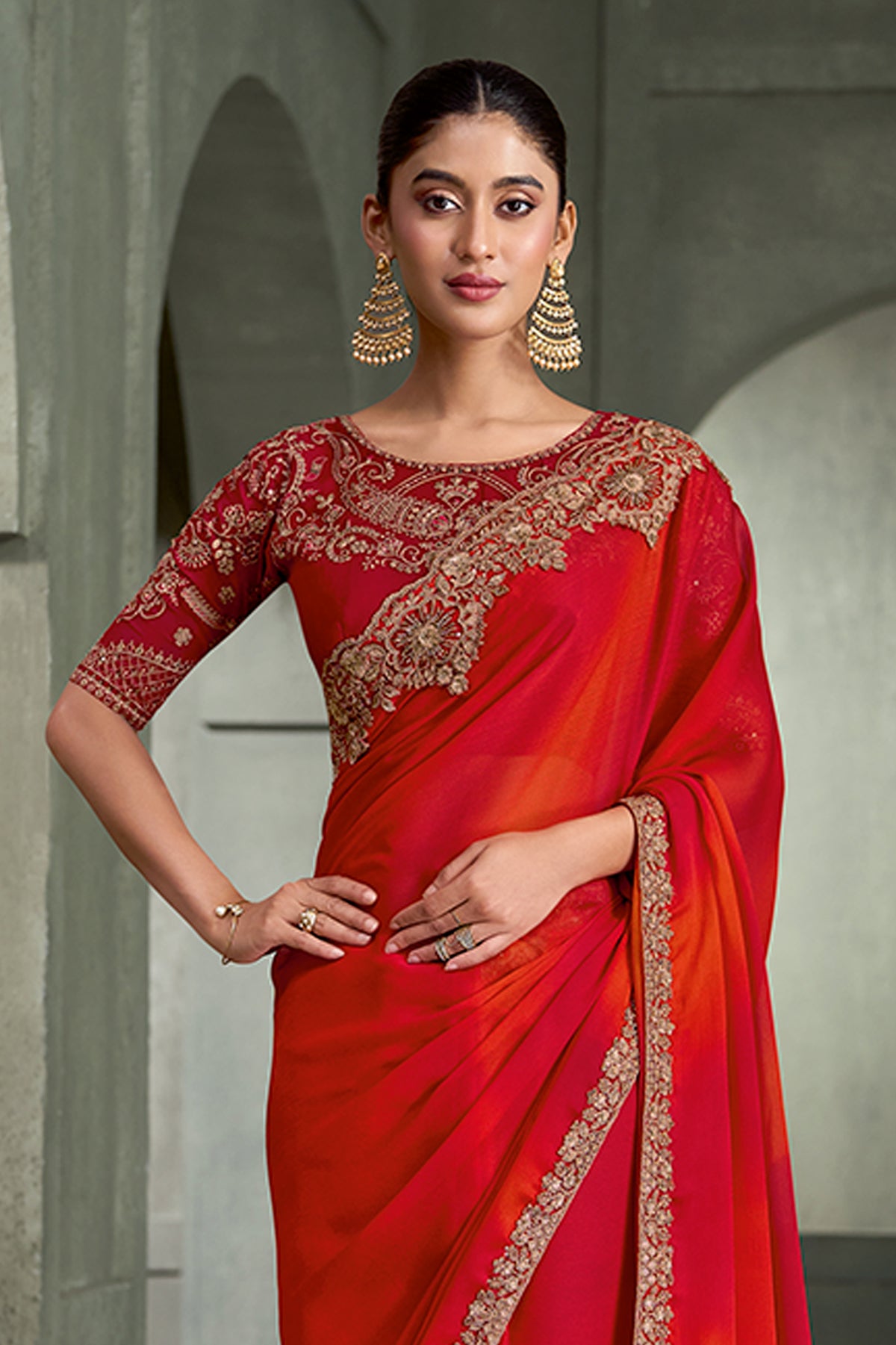 Red And Orange Embroidered Chiffon Saree-SAR13279_3_SareeButa.com