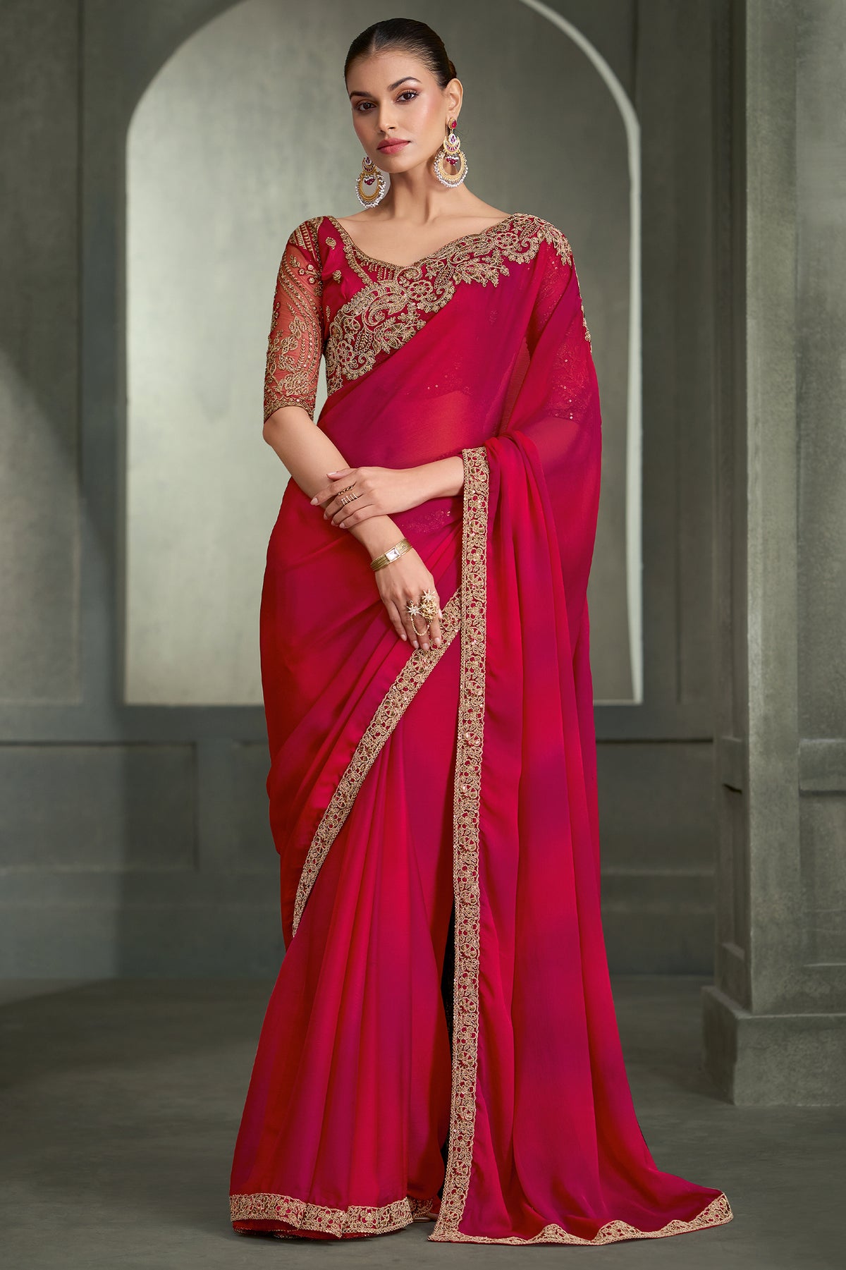 Red And Pink Embroidered Chiffon Saree-SAR13292_1_SareeButa.com