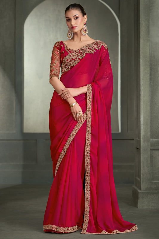 Red And Pink Embroidered Chiffon Saree-SAR13292_1_SareeButa.com