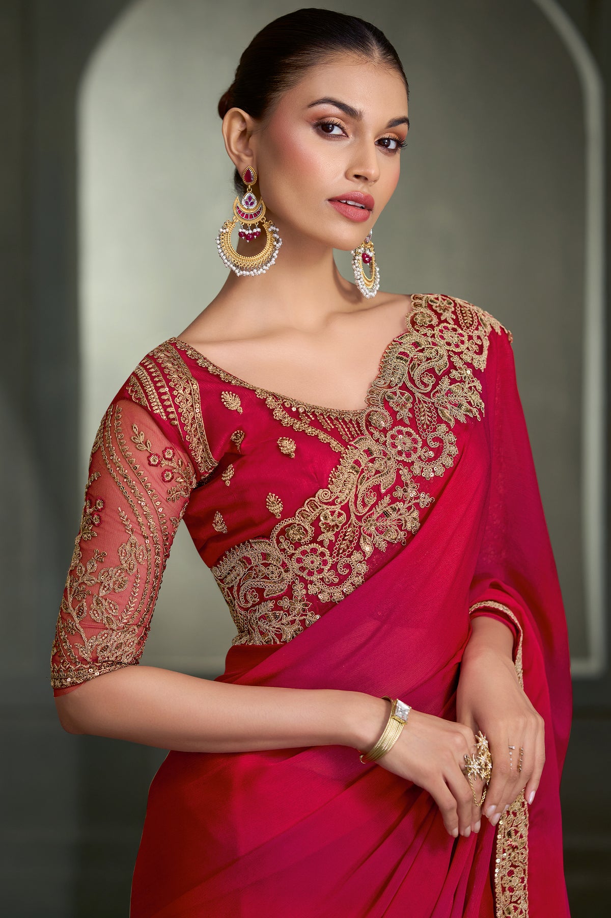 Red And Pink Embroidered Chiffon Saree-SAR13292_2_SareeButa.com