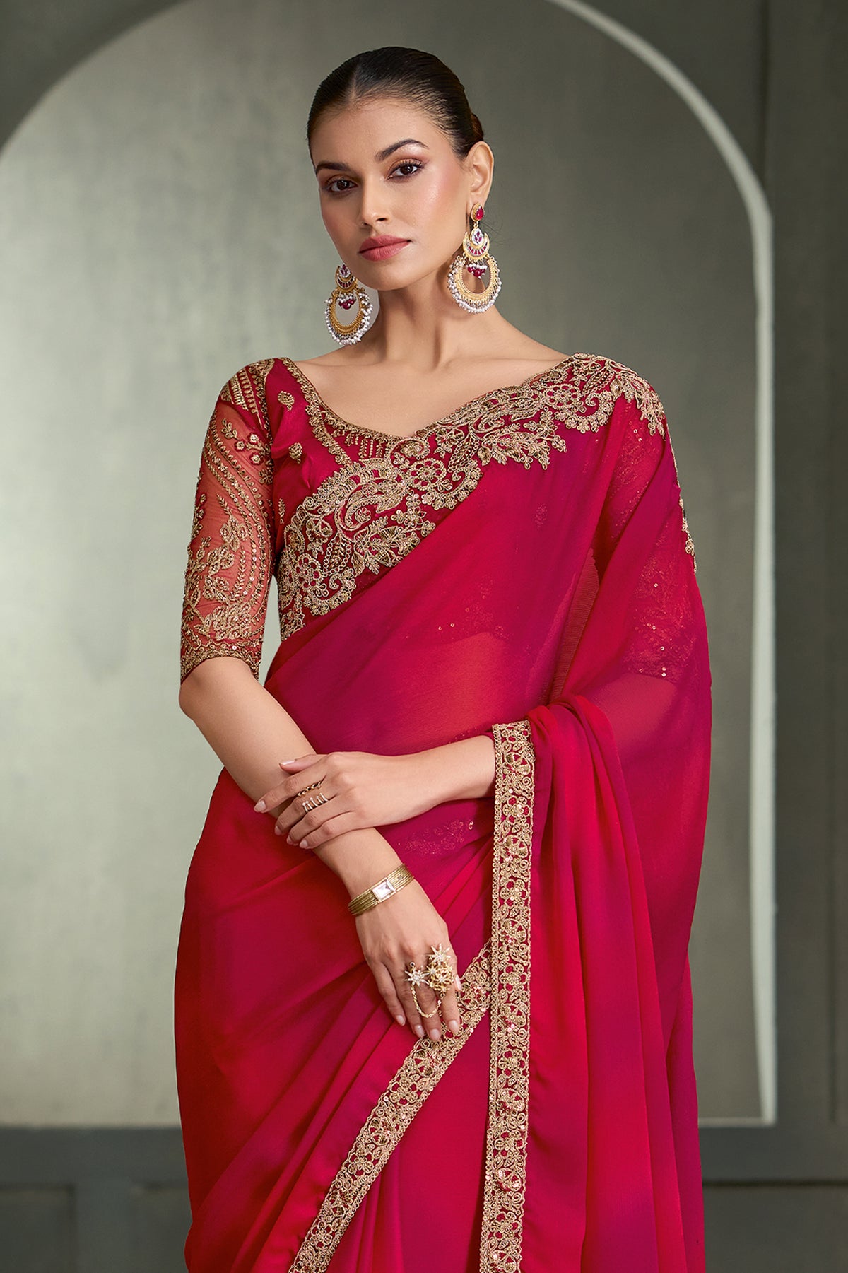 Red And Pink Embroidered Chiffon Saree-SAR13292_3_SareeButa.com