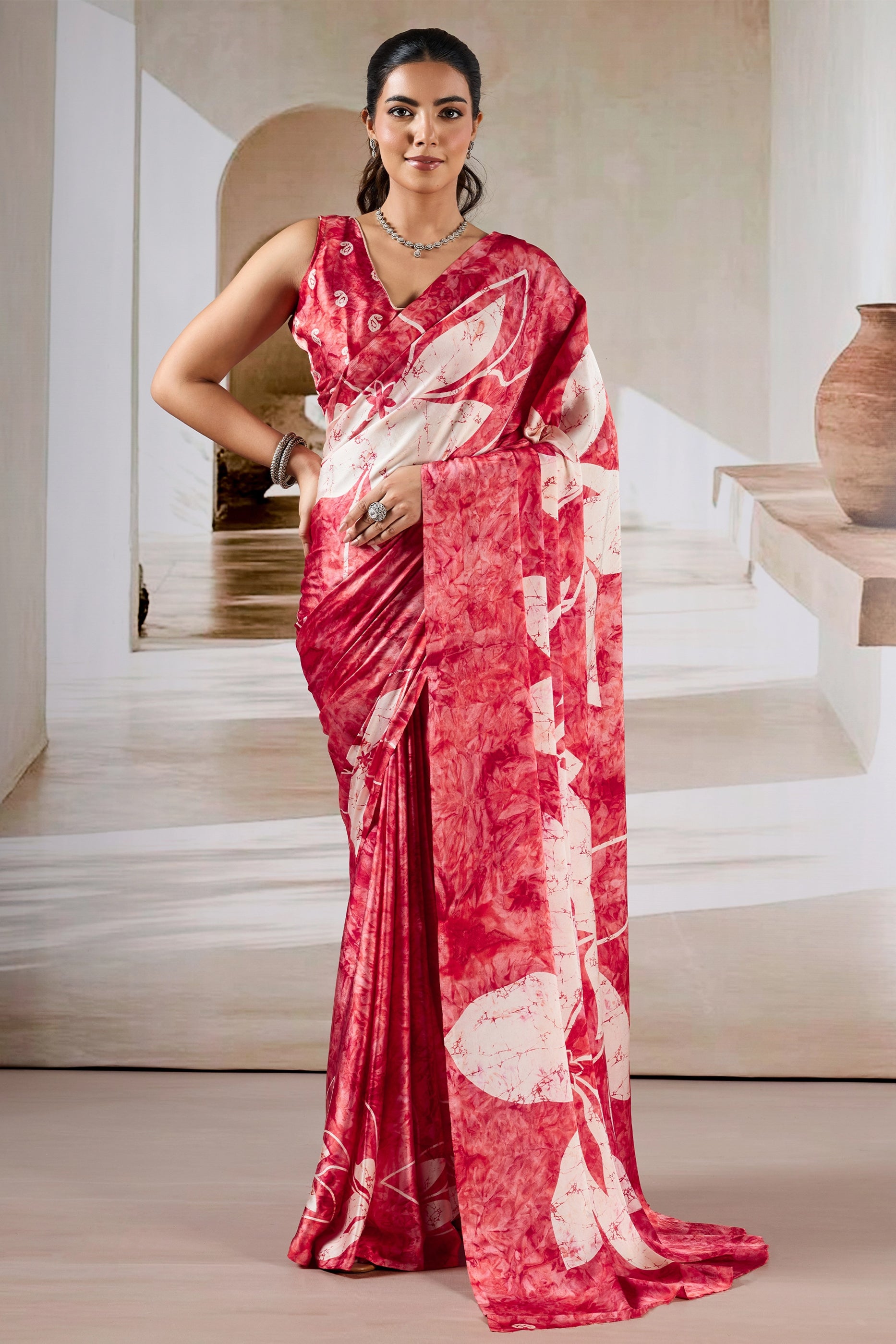 Red And White Ajrakh Print Satin Saree-SAR11905_1_SareeButa.com
