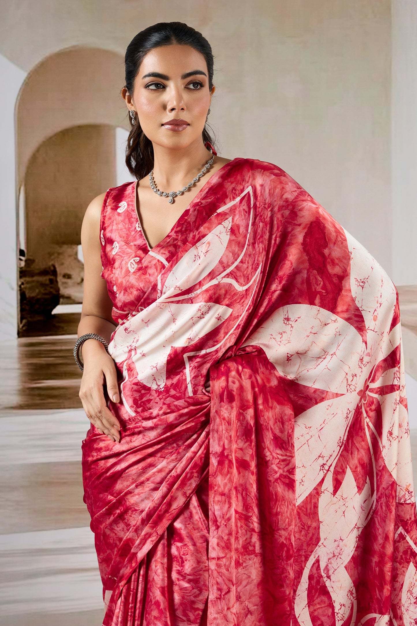 Red And White Ajrakh Print Satin Saree-SAR11905_2_SareeButa.com