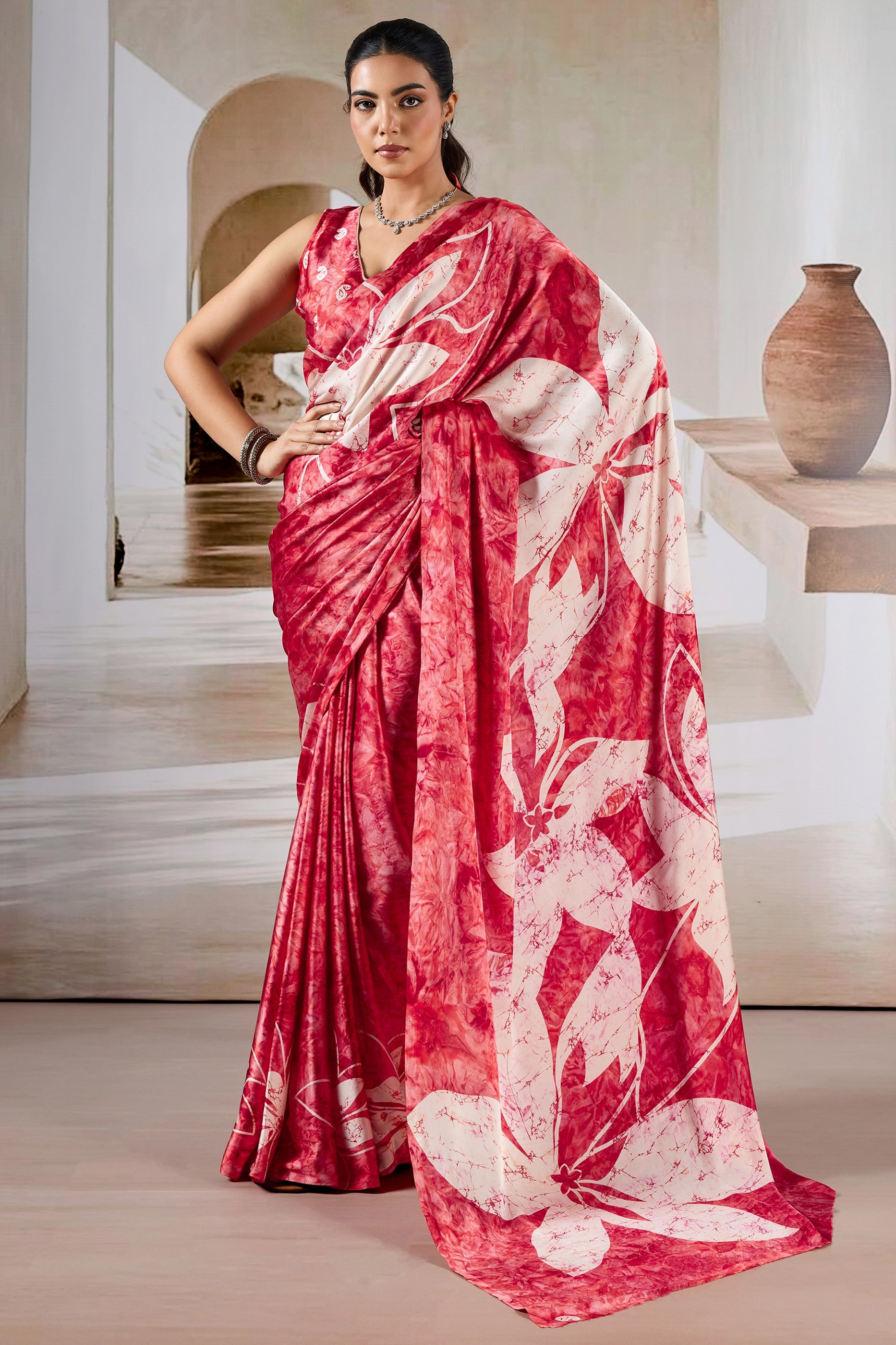 Red And White Ajrakh Print Satin Saree-SAR11905_4_SareeButa.com