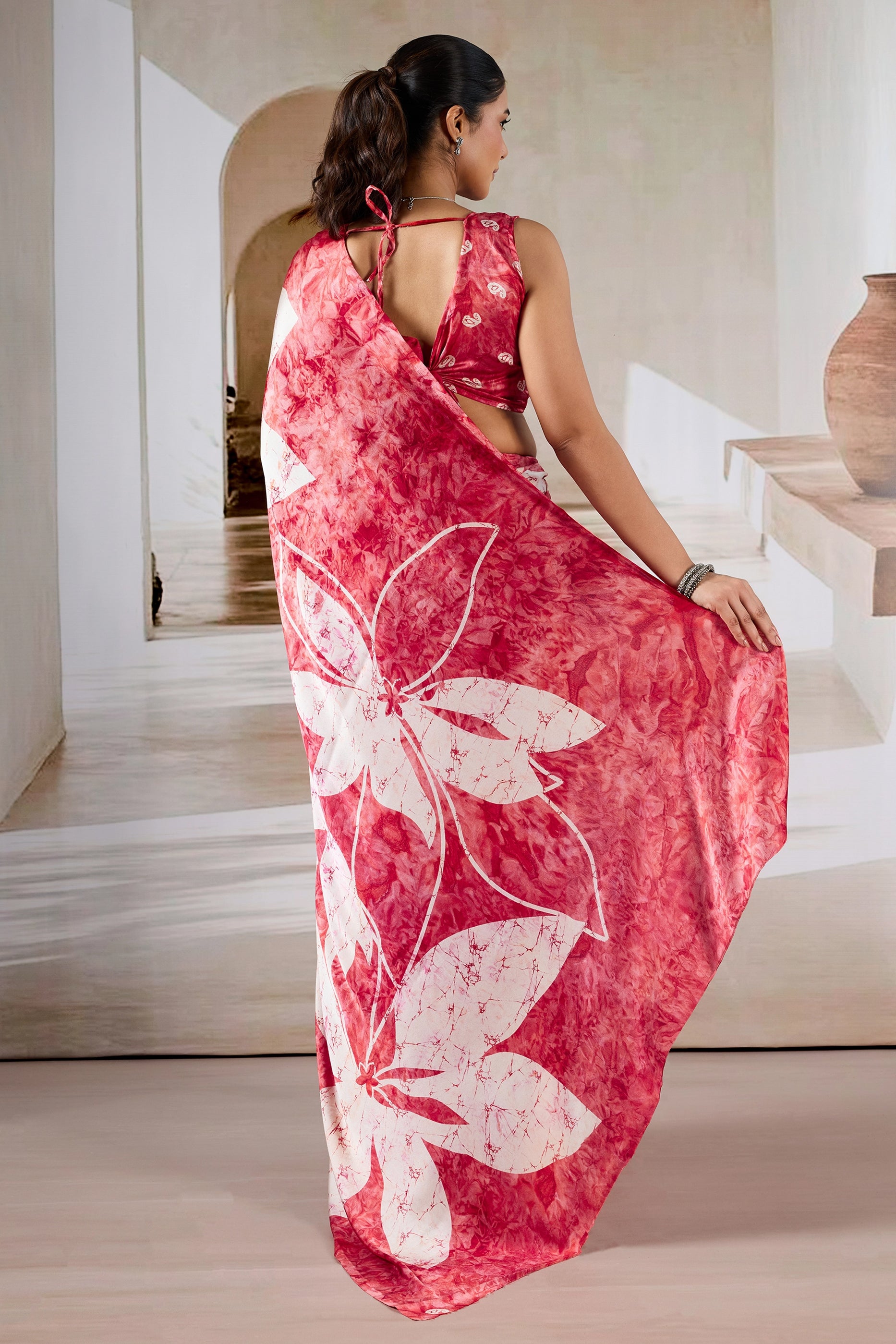 Red And White Ajrakh Print Satin Saree-SAR11905_5_SareeButa.com