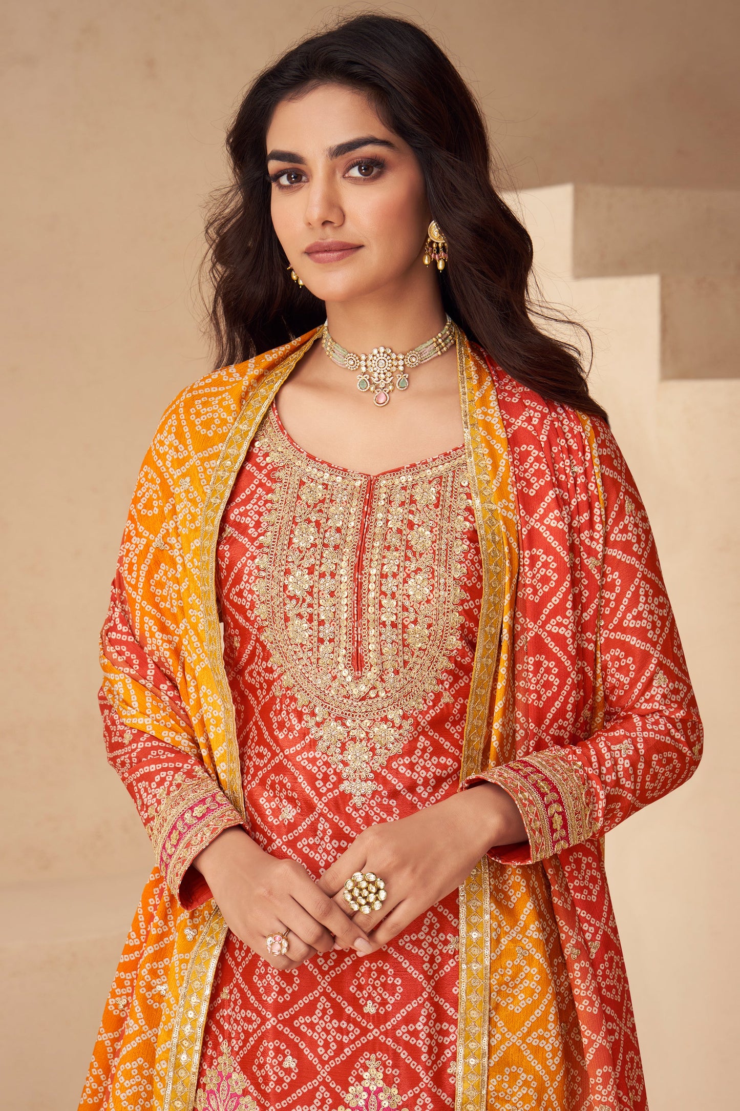 Red And Yellow Readymade Embroidered Chinon Suit-SAR10790_2_SareeButa.com