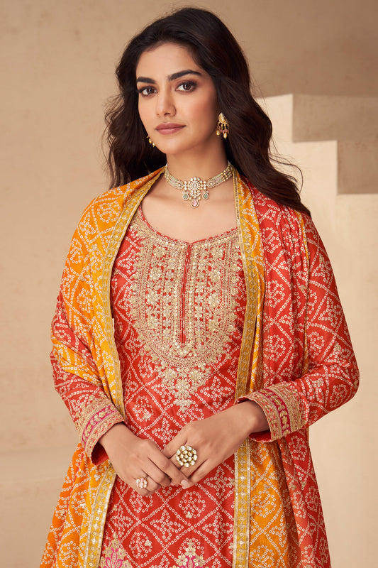Red And Yellow Readymade Embroidered Chinon Suit-SAR10790_2_SareeButa.com