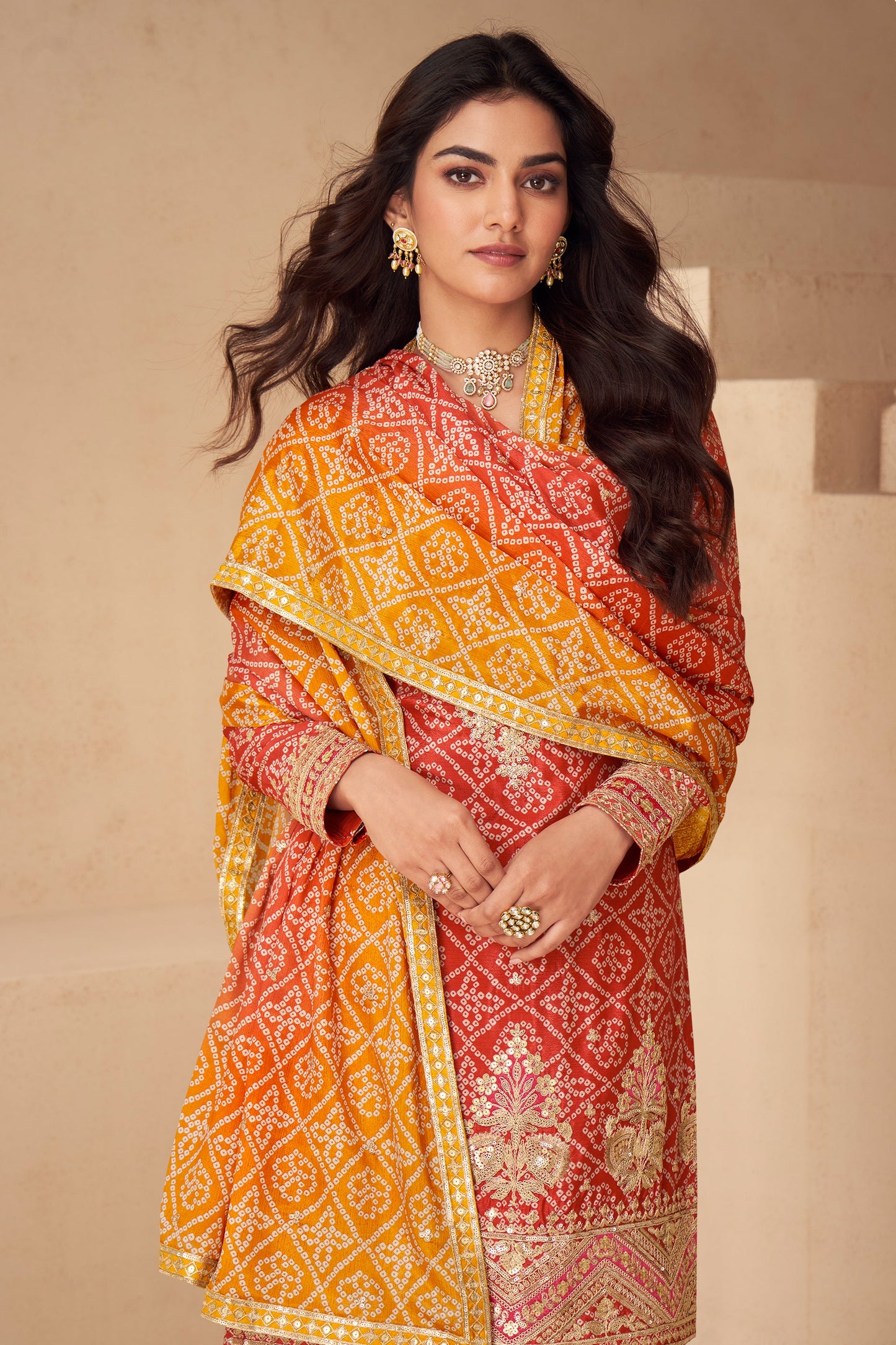 Red And Yellow Readymade Embroidered Chinon Suit-SAR10790_3_SareeButa.com