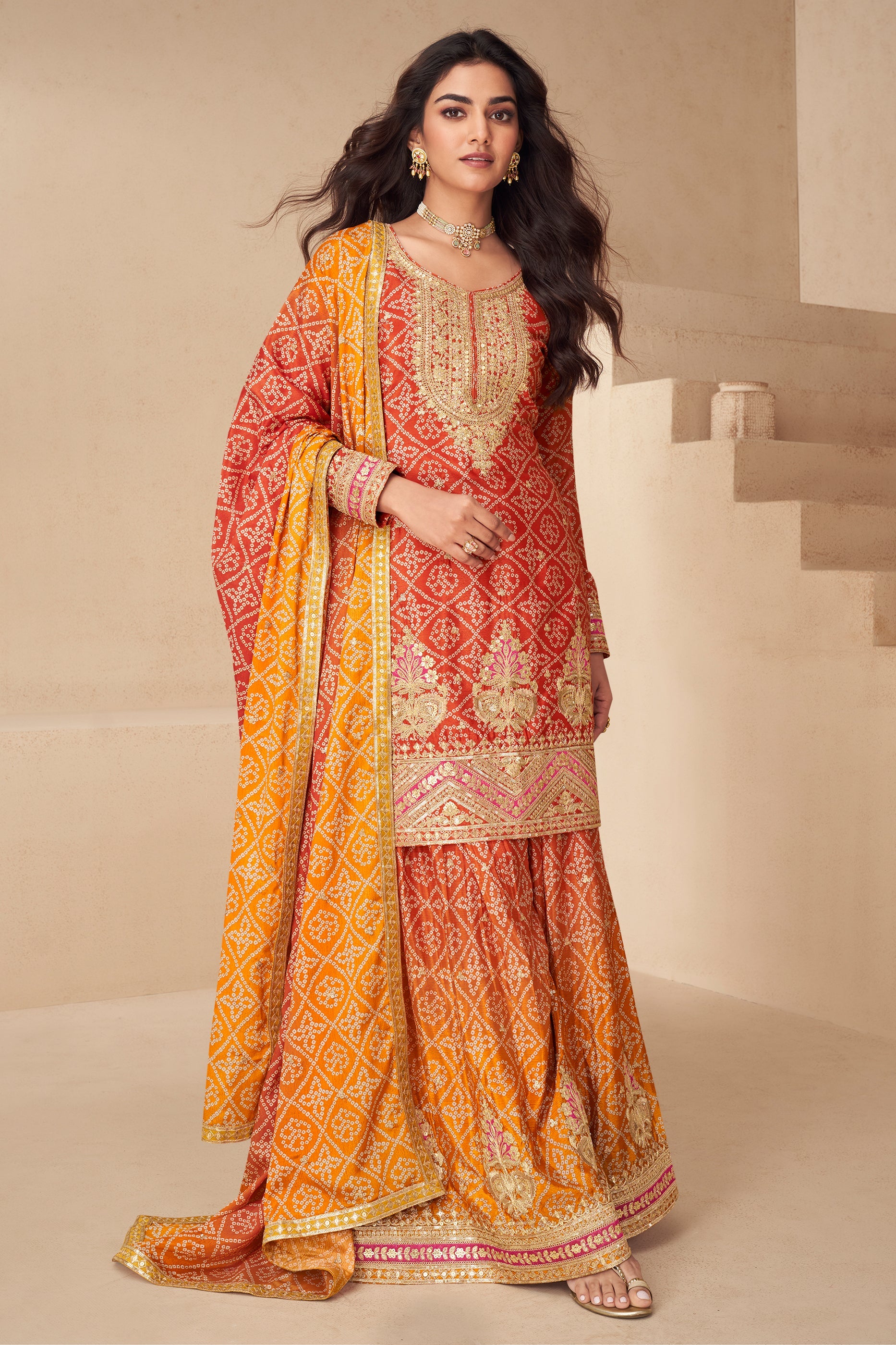Red And Yellow Readymade Embroidered Chinon Suit-SAR10790_4_SareeButa.com