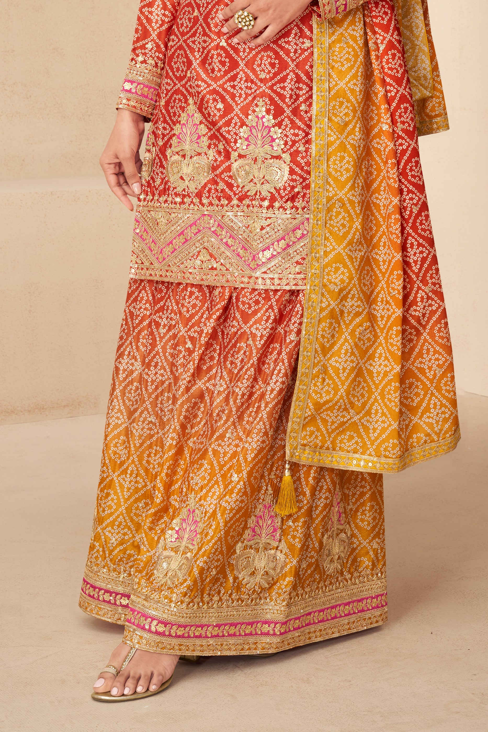 Red And Yellow Readymade Embroidered Chinon Suit-SAR10790_5_SareeButa.com