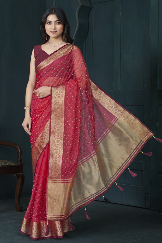 Red Bead Work Jacquard Saree-ZB134212_1_SareeButa.com